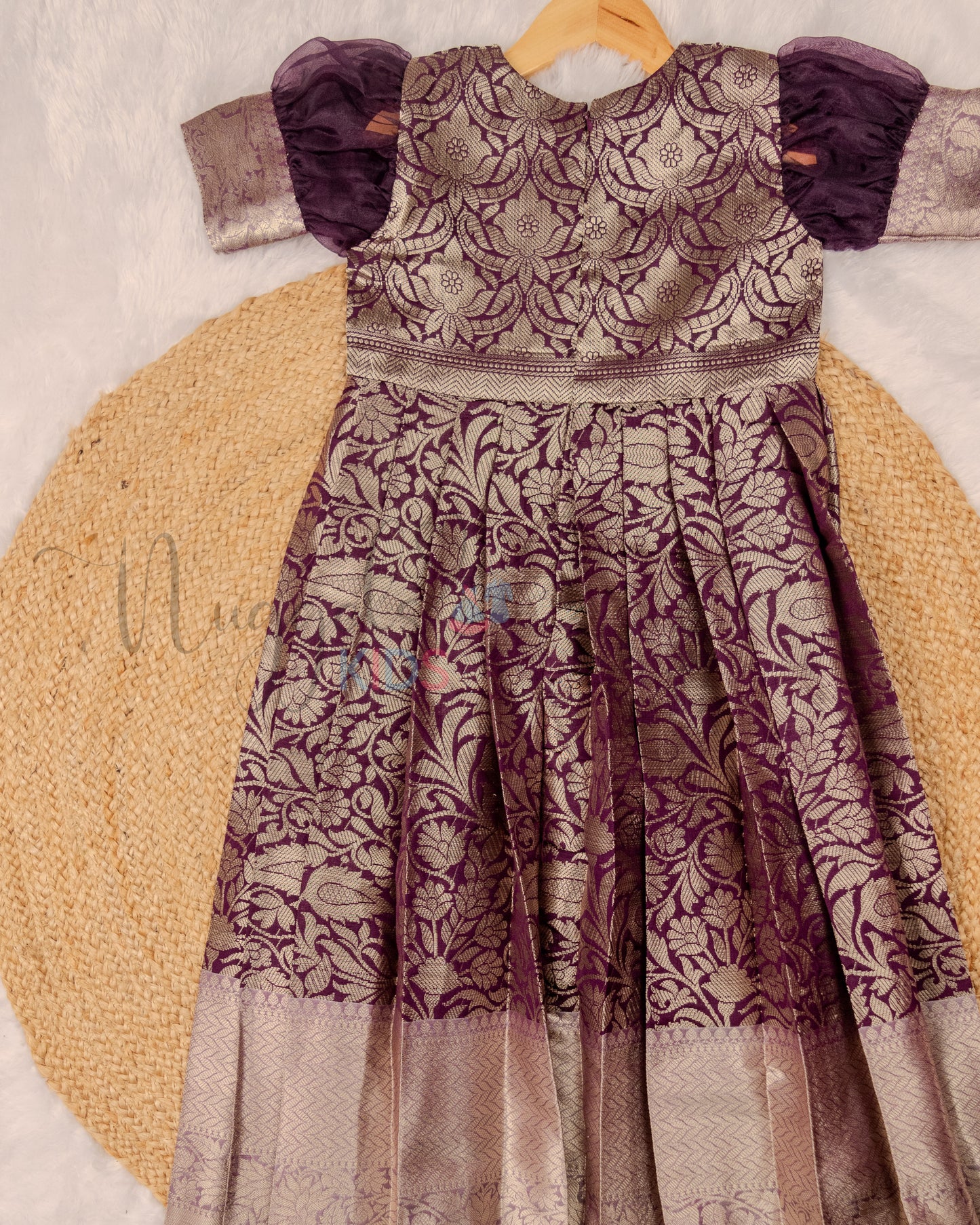 Ready to Ship: Premium Wine Banarasi Gown with aari work yoke, cutwork belt line and Organza Sleeves