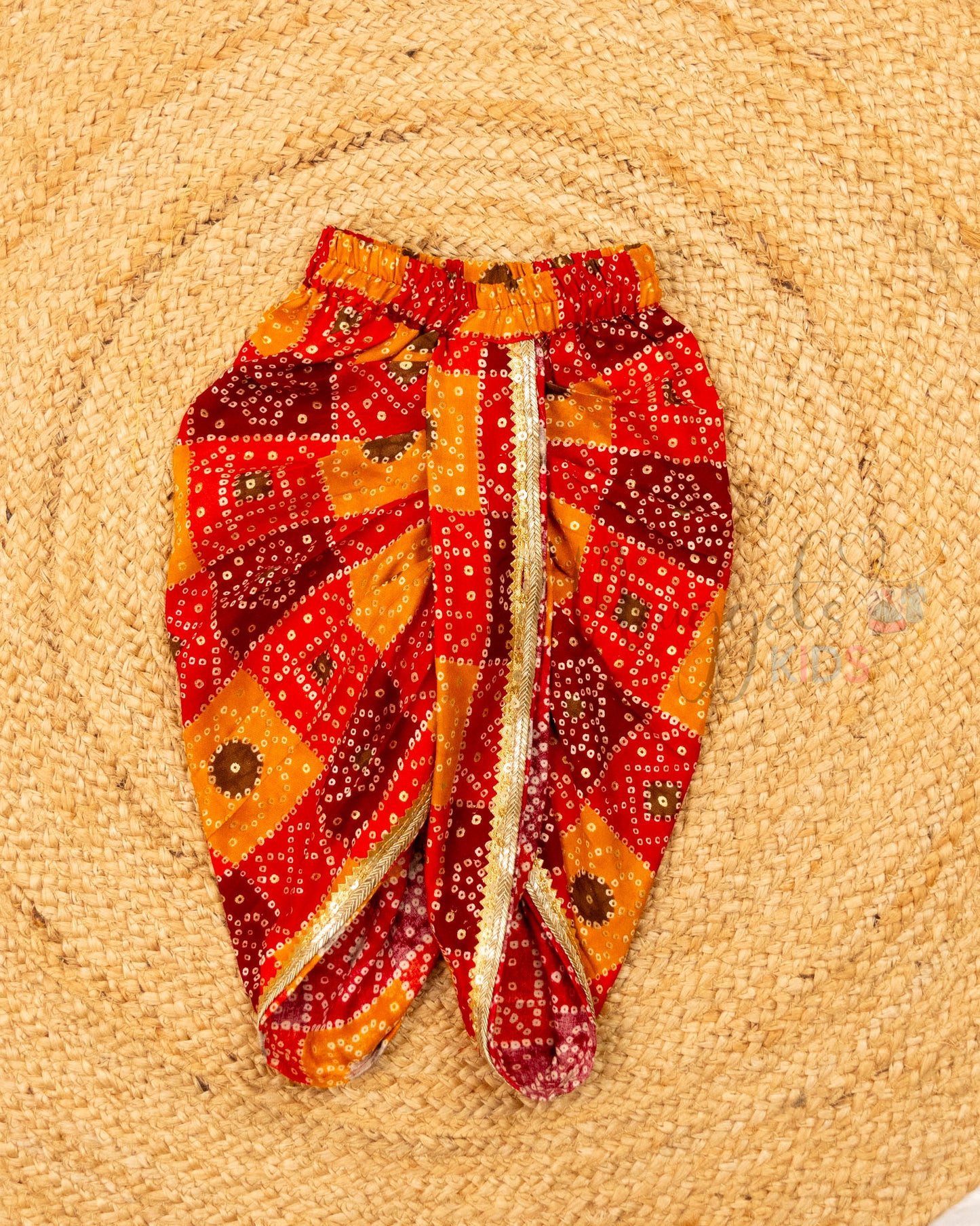 Ready to Ship: Yellow Silk Cotton Short Kurta with Anchoring Detailing and Printed Red Dhoti with Lace Borders