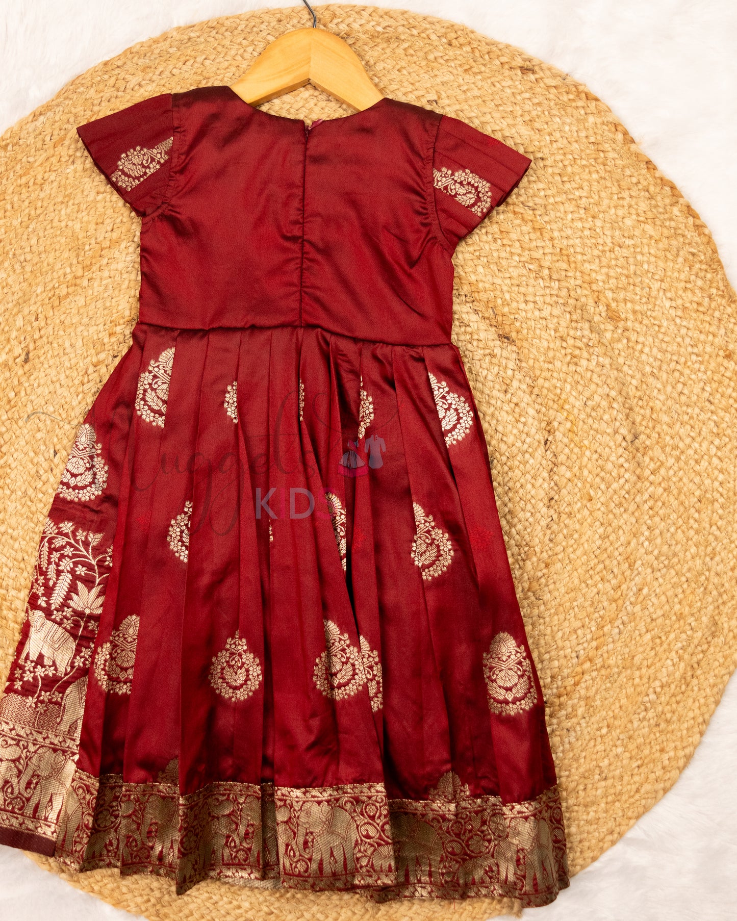 Ready to Ship: Maroon Banarasi Semi Silk frock with patch work designer yoke and pleated cap sleeves