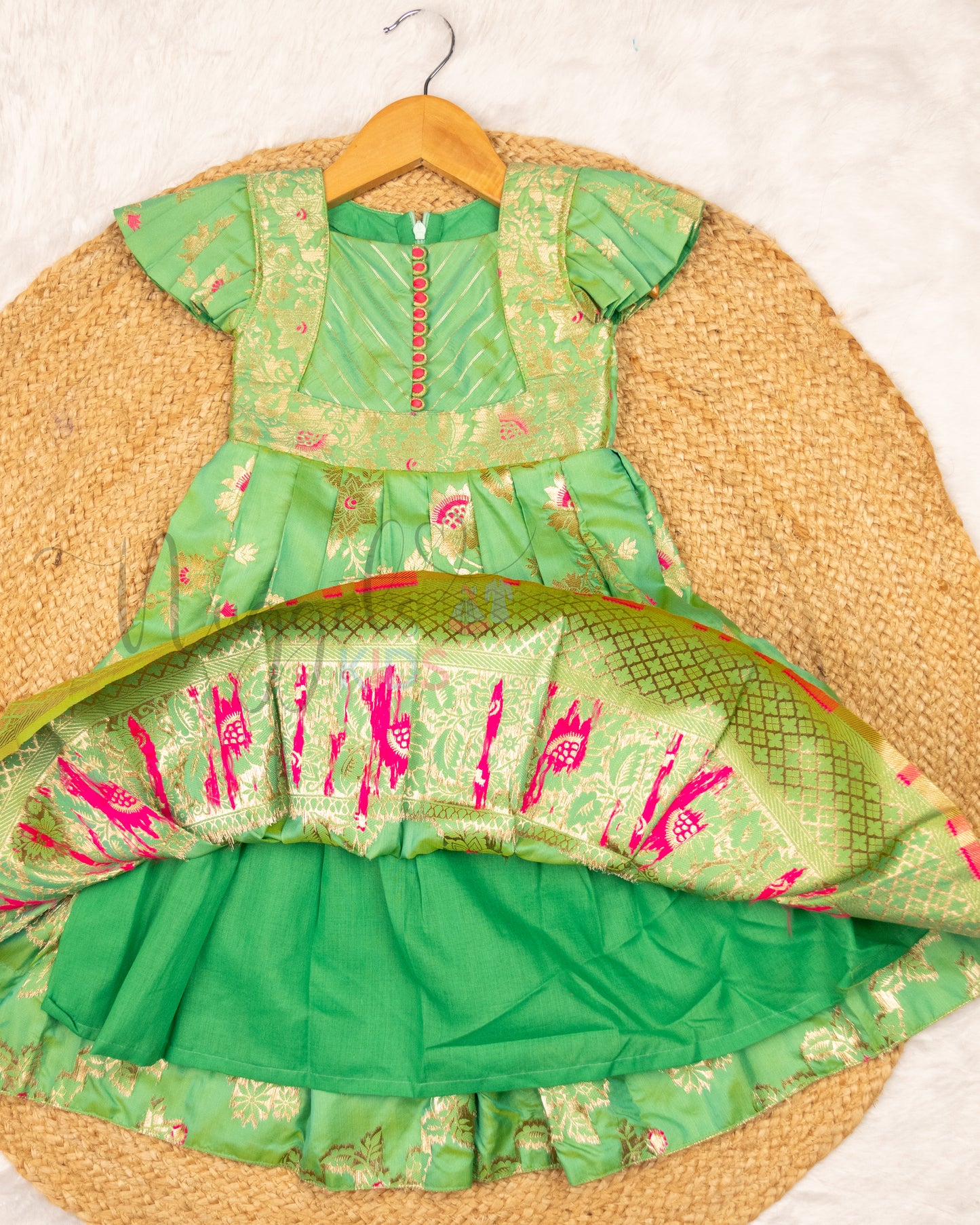 Ready to Ship: Pista Green Banarasi Semi Silk frock with patch work designer yoke and cap sleeves