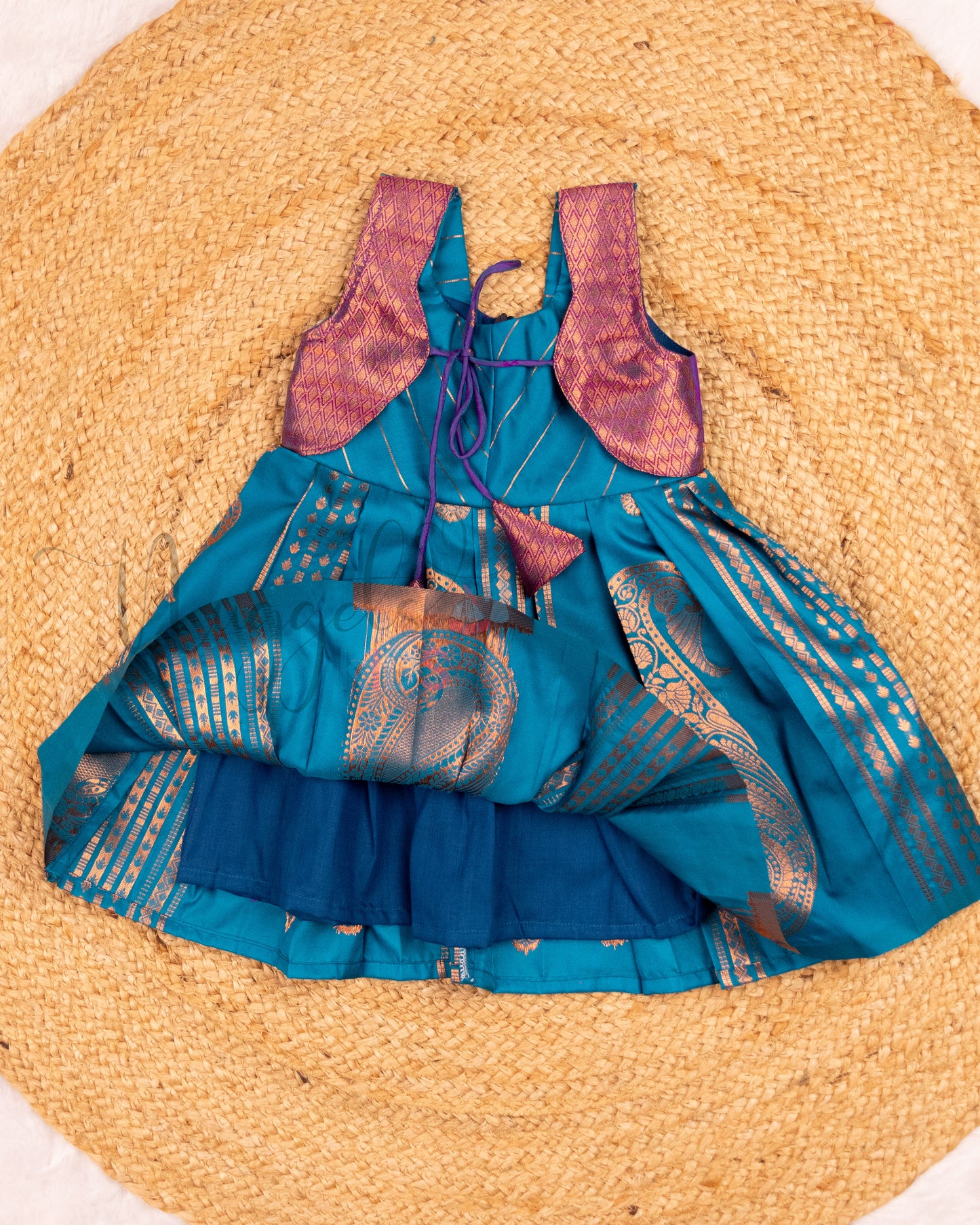 Ready to Ship: Blue and Violet Sleeveless Butter Semi Silk frock with attached Scalloped Jacket