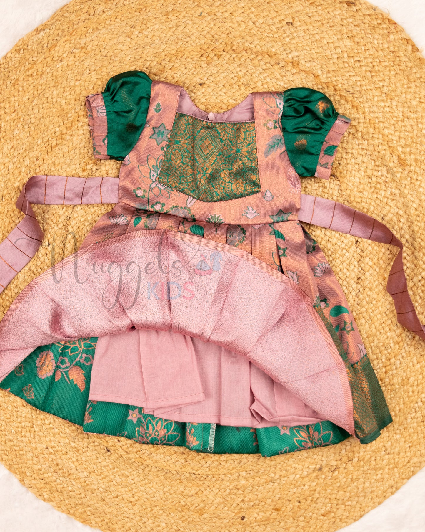 Ready to Ship: Dusky Pink and Dark Green Kanchi Meenakari Semi Silk frock with patch work yoke, big zari borders and puff sleeves with pleated ends