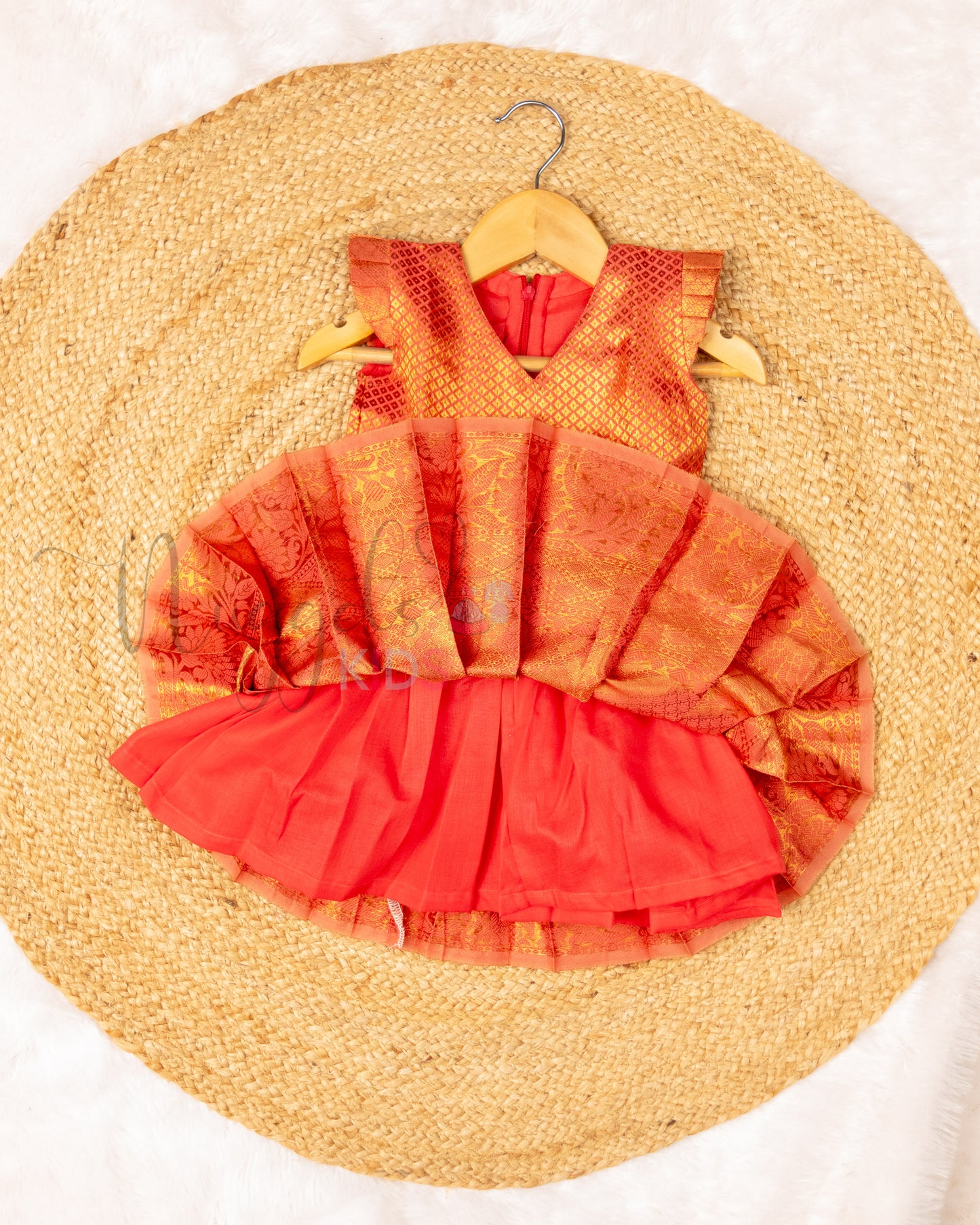 Ready to Ship: Tomato Pink Banarasi Semi Silk Frock with Ruffle Sleeves