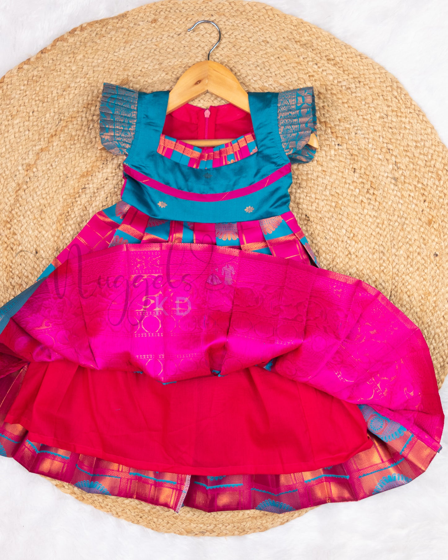 Ready to Ship: Pink and Blue Checks Kanchi Meenakari Semi Silk frock with patch work pleated yoke, big zari borders and ruffle sleeves