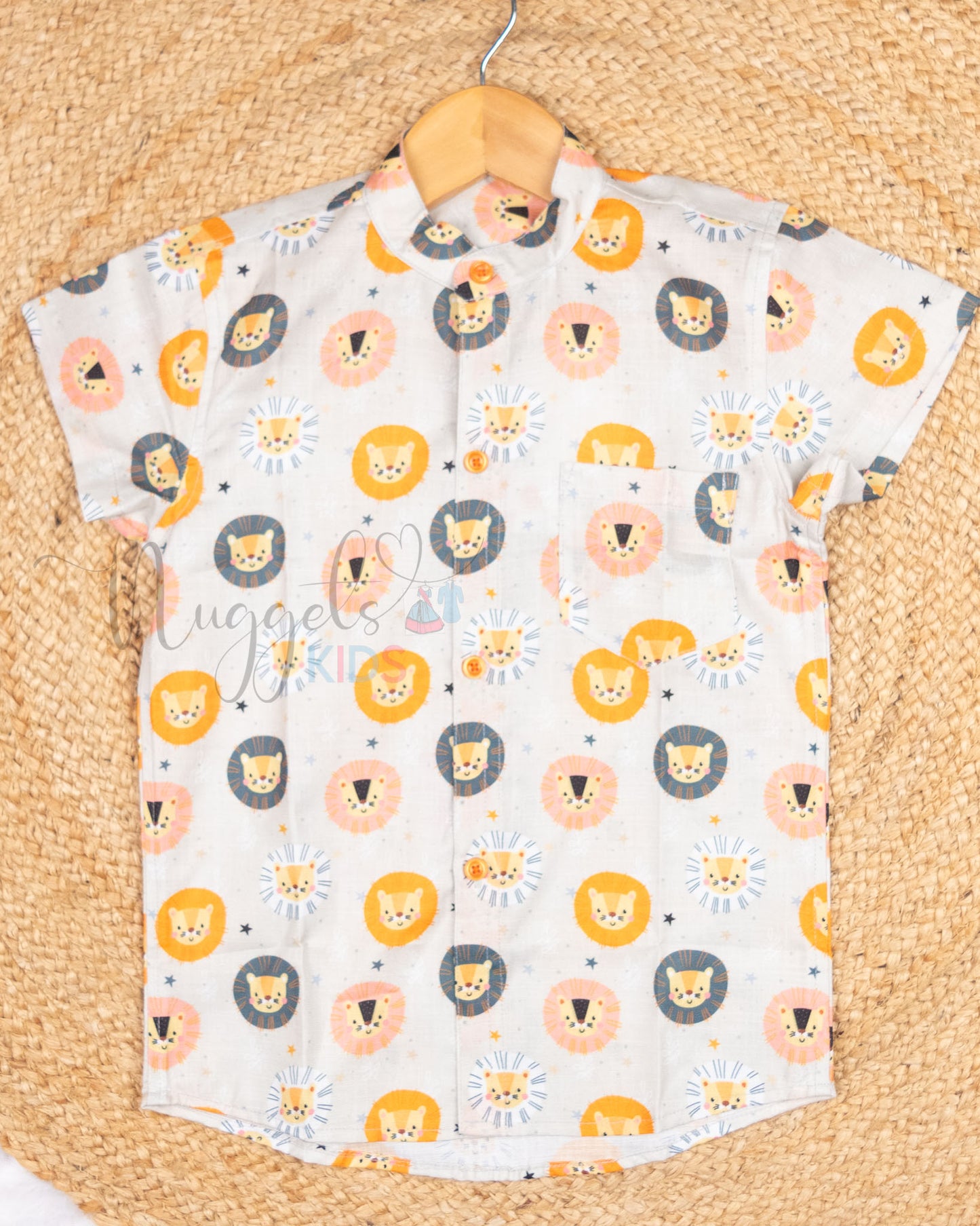 Ready to Ship: Lion Family Printed Viscose Linen Shirt with Front Pocket