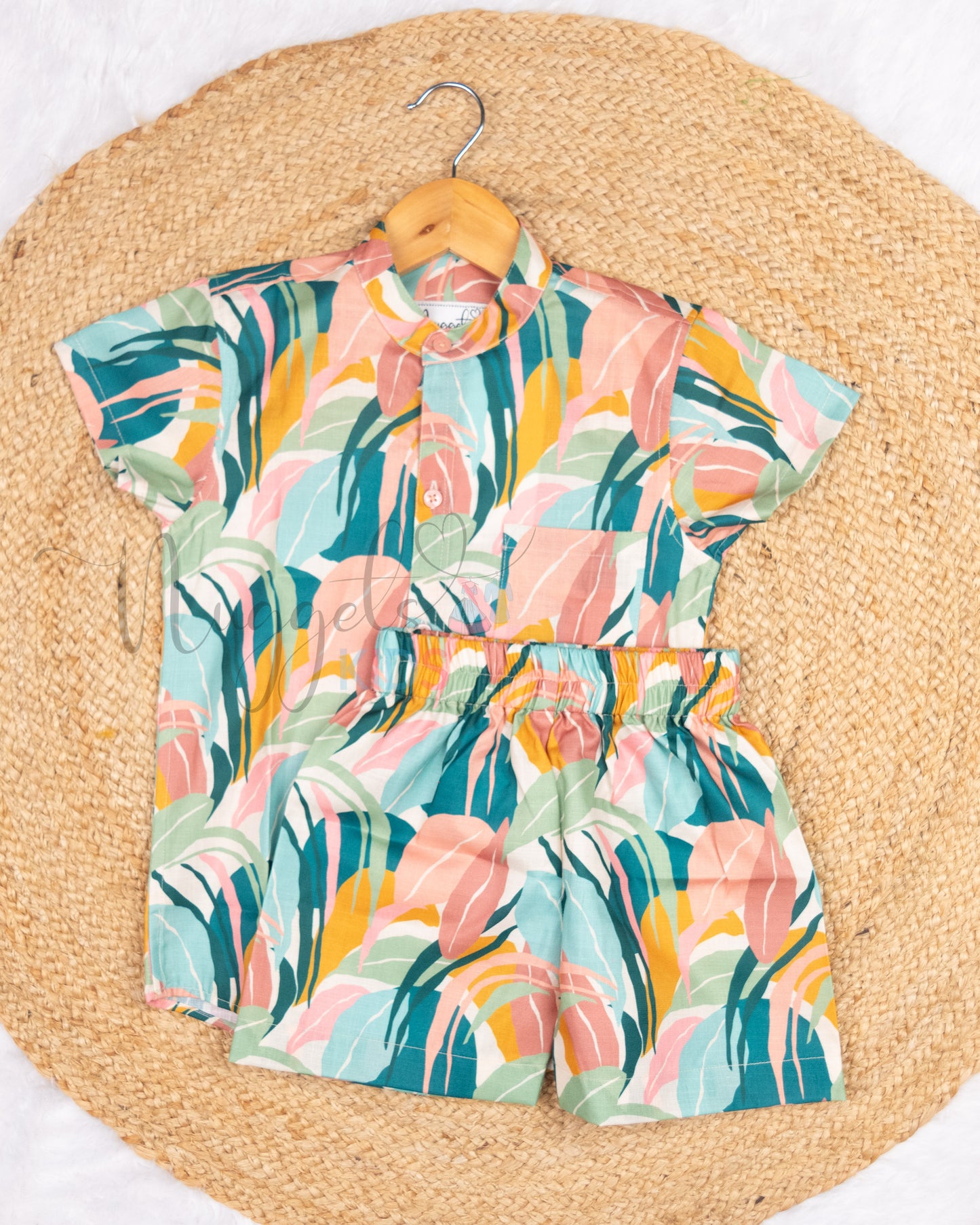 Ready to Ship: Pastel Leaves Printed Viscose Cotton Co-ord Set