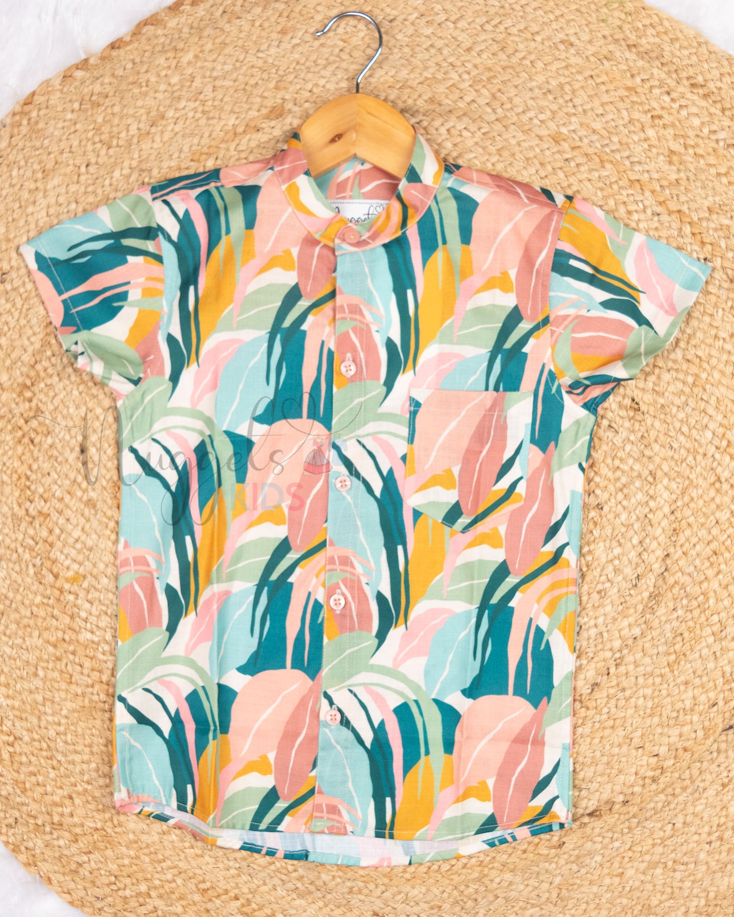 Ready to Ship: Pastel Leaves Printed Viscose Linen Shirt With Front Pocket