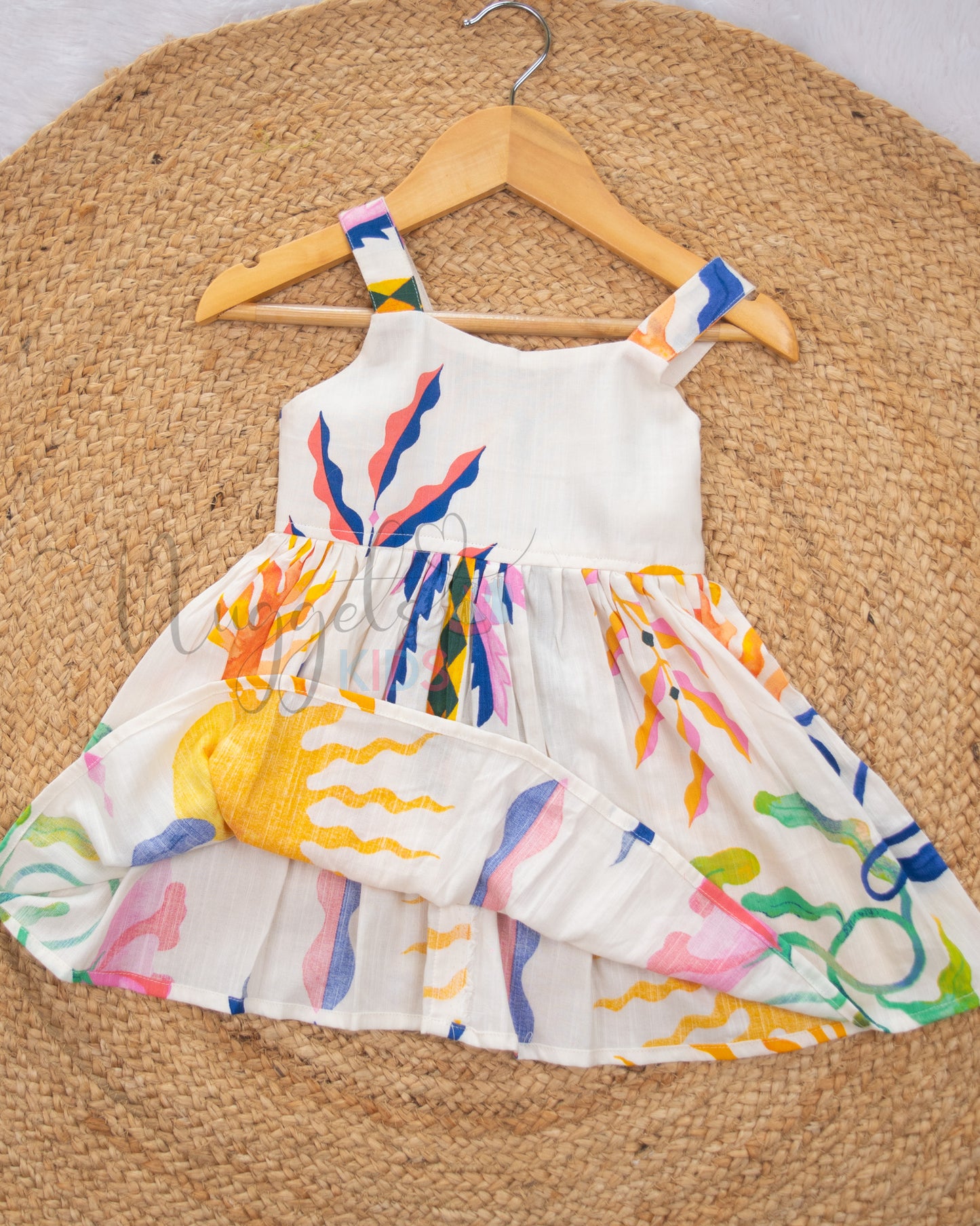 Ready to Ship: Off-white Sunset Themed Sleeveless Frock with Sweetheart Neckline