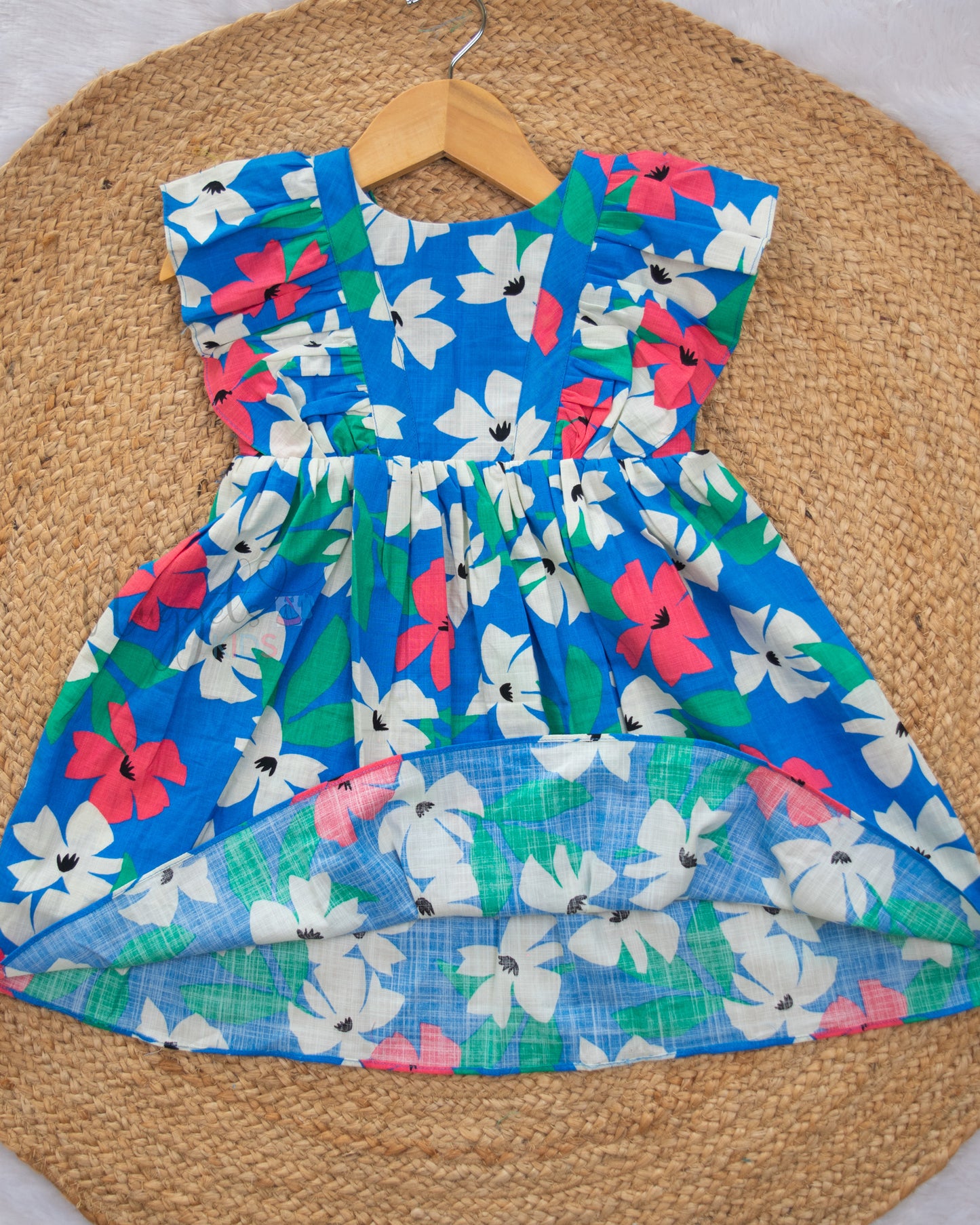 Ready to Ship: Blue Floral Ruffle Sleeves Linen Cotton Frock And V Neck Back