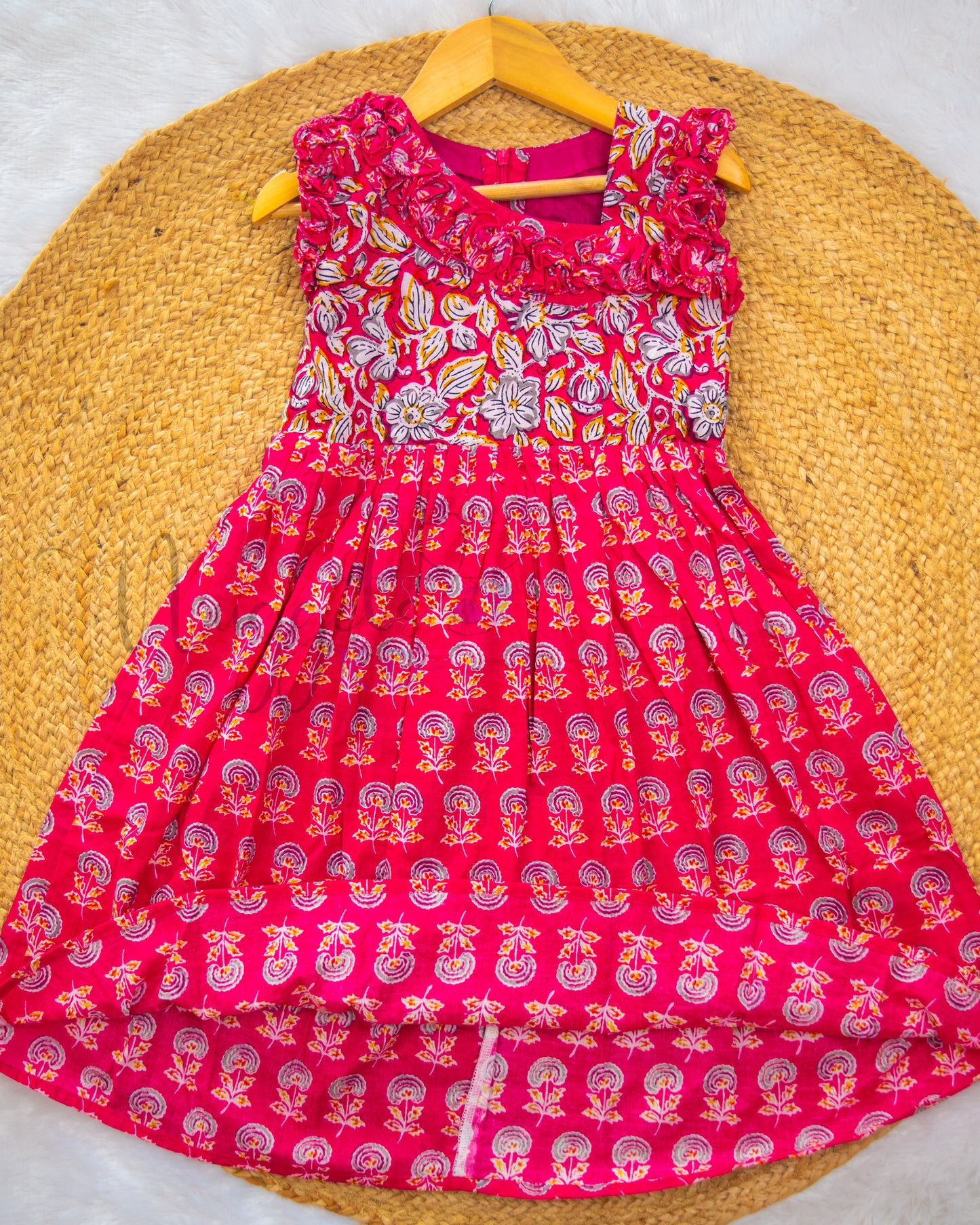 Ready to Ship: Pink Floral Printed One Shoulder Cotton Frock with Floral frill detailing