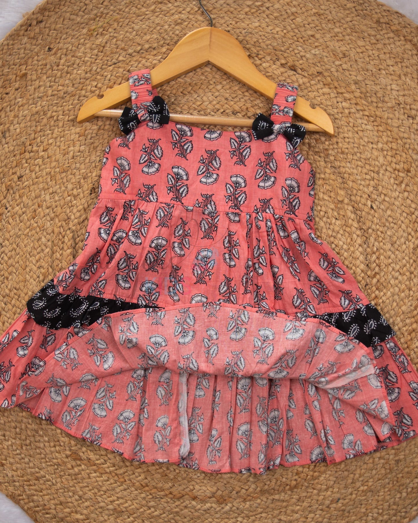 Ready to Ship: Peach and Black Layered Sleeveless Frock with Elasticated Strap, bow and frill detailing