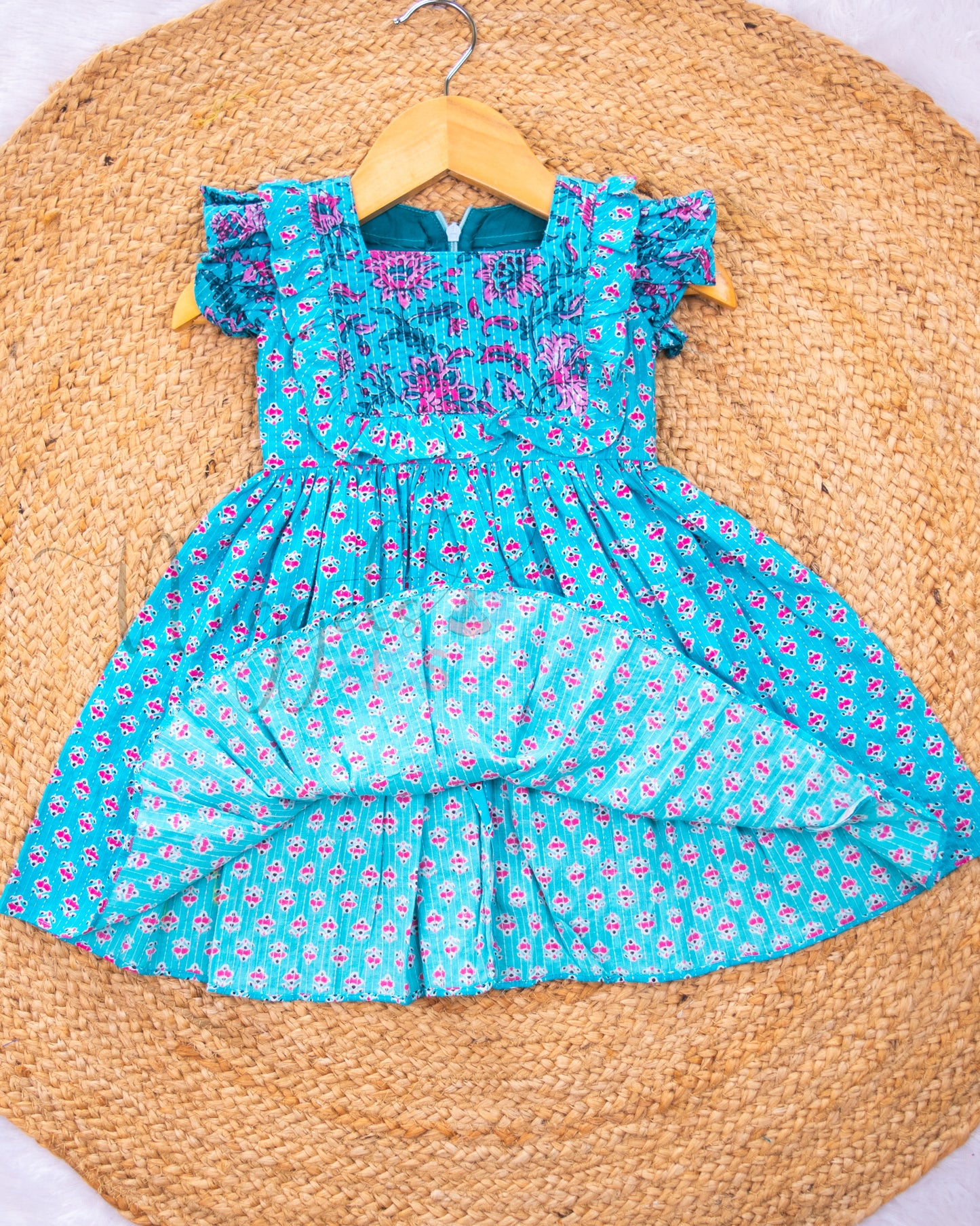 Ready to Ship: Sky Blue Katha Cotton frock with Patchwork Yoke and Ruffle Sleeves