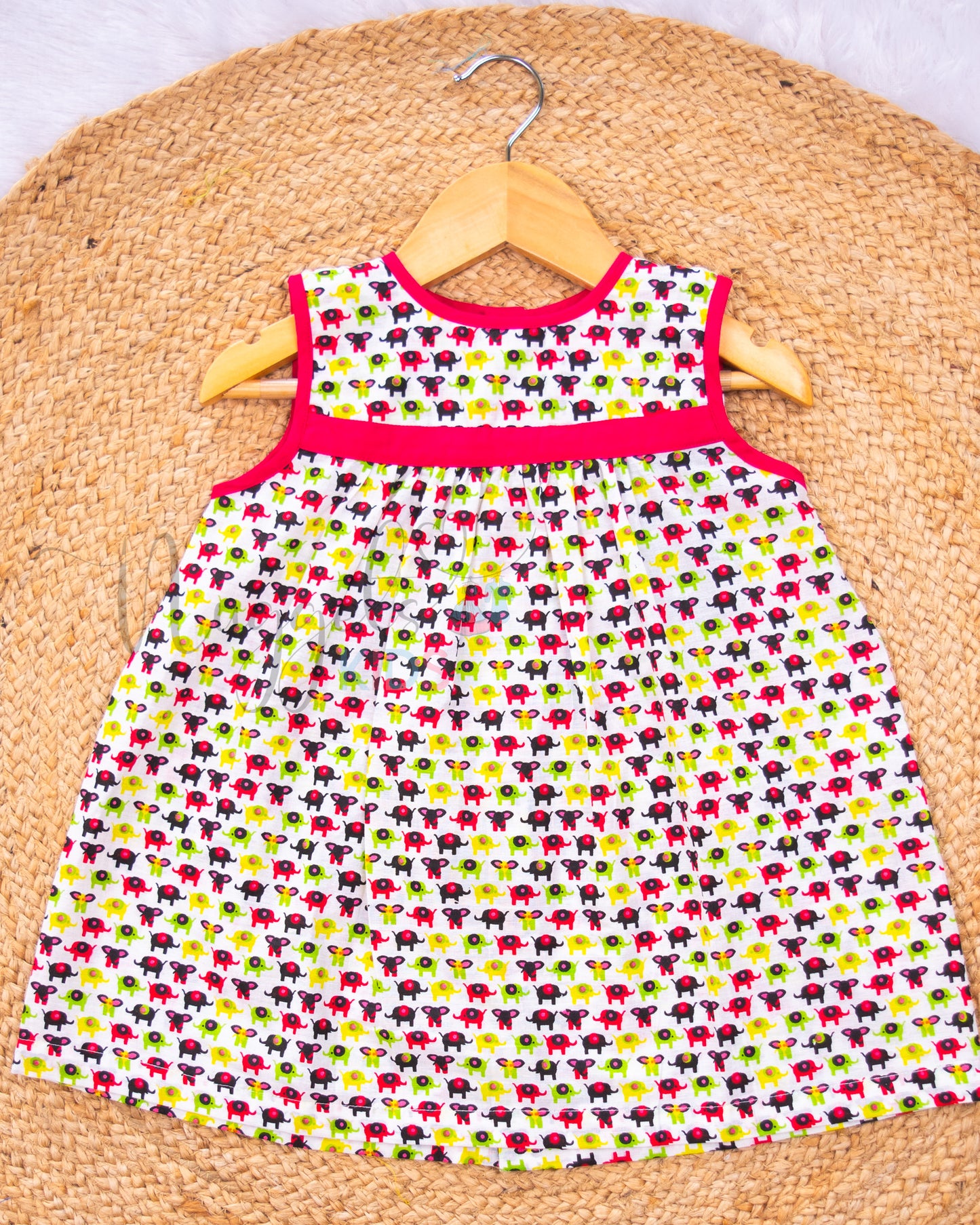 Ready to Ship: Elephant Printed Button Down Cotton Frock with Contrast Pink Taping