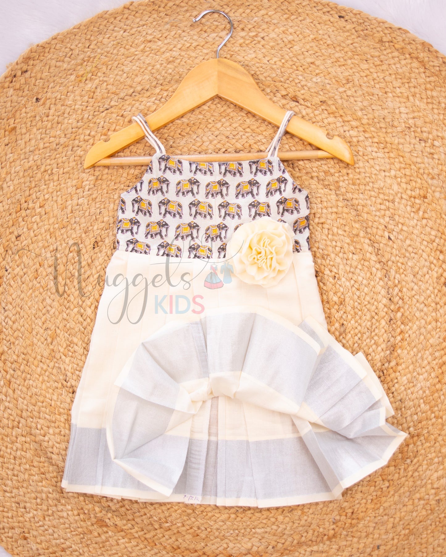 Ready To Ship: Silver Elephant Tissue kasavu Frock with Tissue yoke and Cotton flare