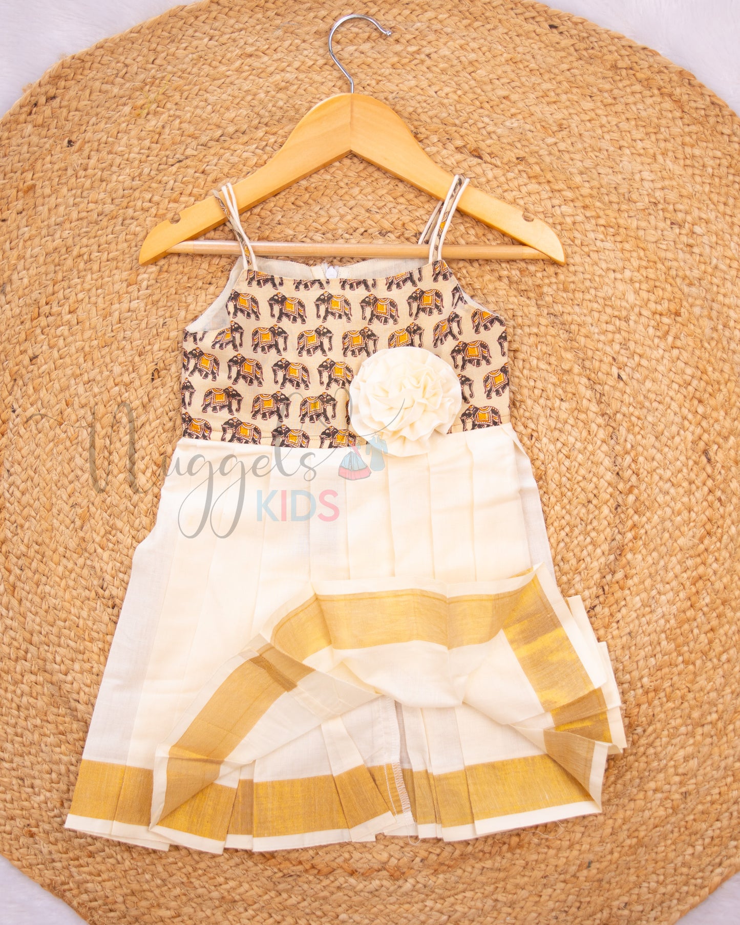 Ready To Ship: Golden Elephant Tissue kasavu Frock with Tissue yoke and Cotton flare