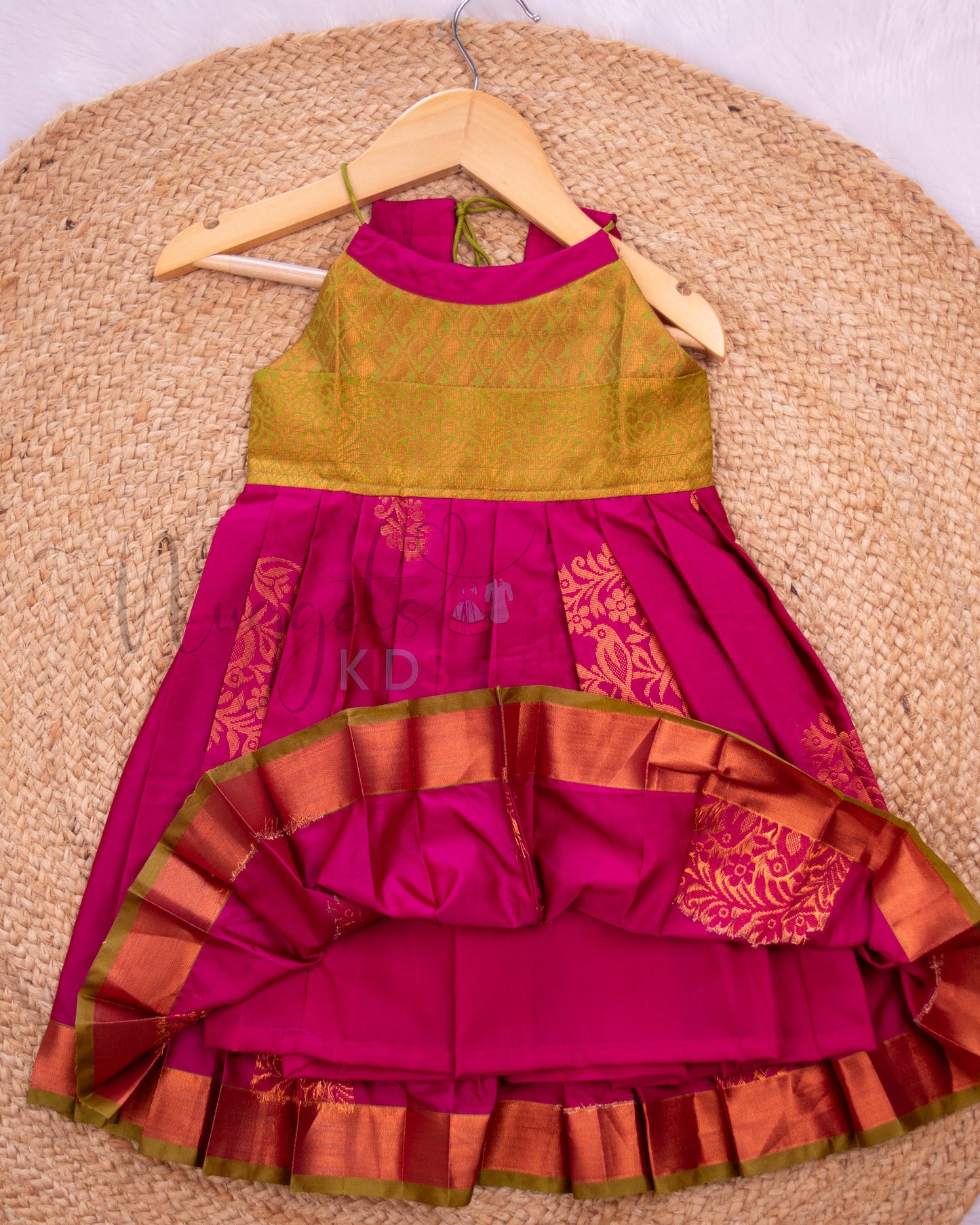 Ready to Ship: Jamun And Olive Halter Neck Tie Back frock with Patch work yoke