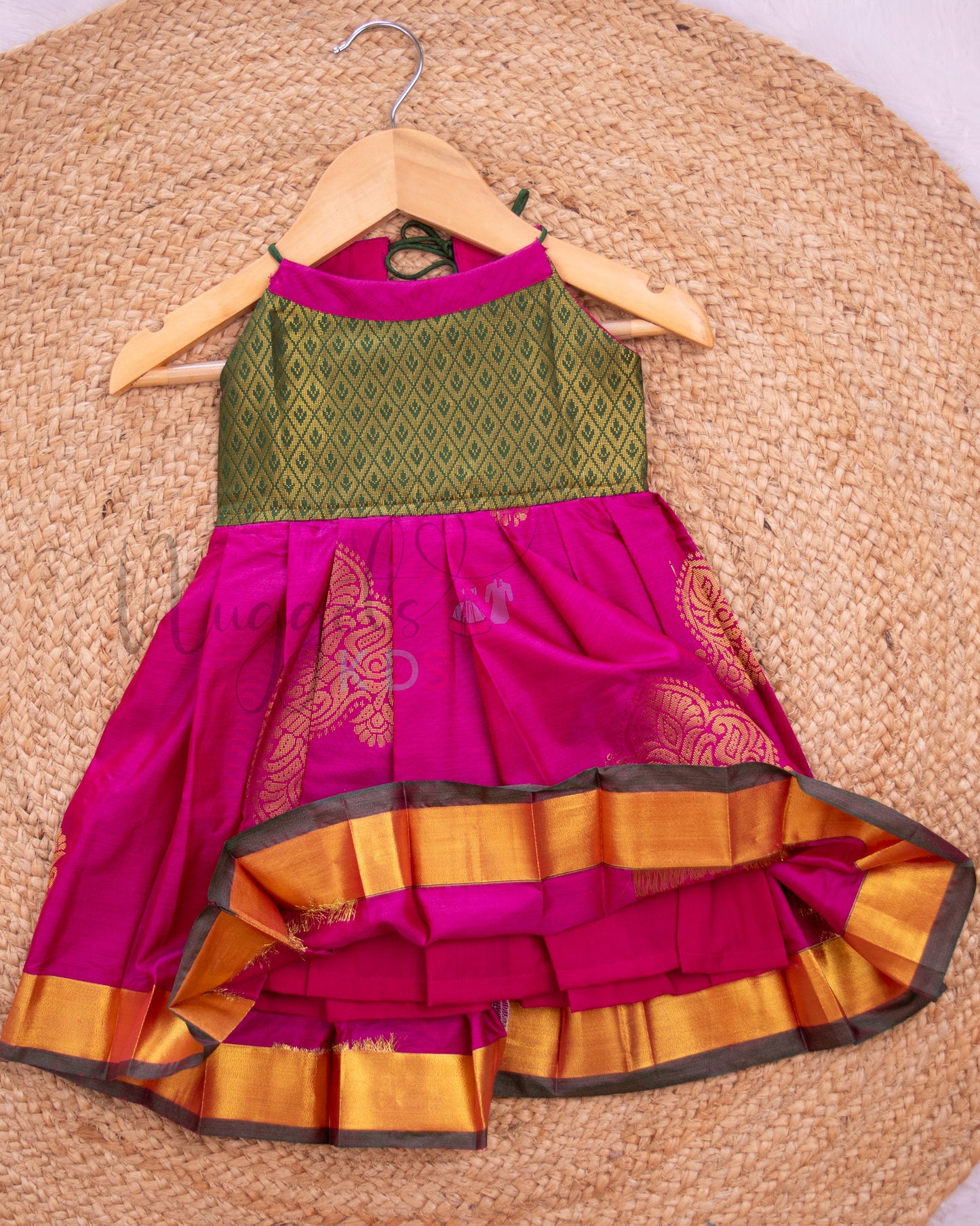 Ready to Ship: Purple Pink And Green Halter Neck Tie Back frock with patch work yoke