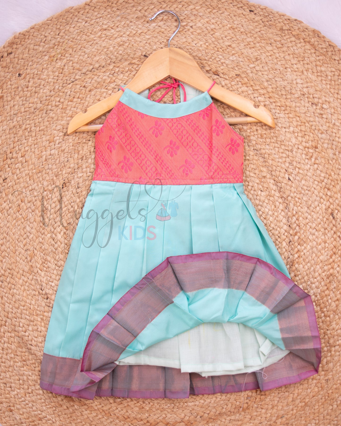 Ready to Ship: Sea Blue And Pink Halter Neck Tie Back frock with patch work yoke