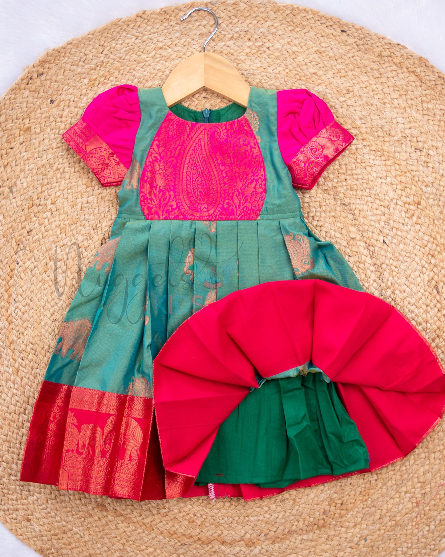 Ready to Ship: Green And Pink Pattu Frock with Patch work Yoke and Semi Puff Sleeve