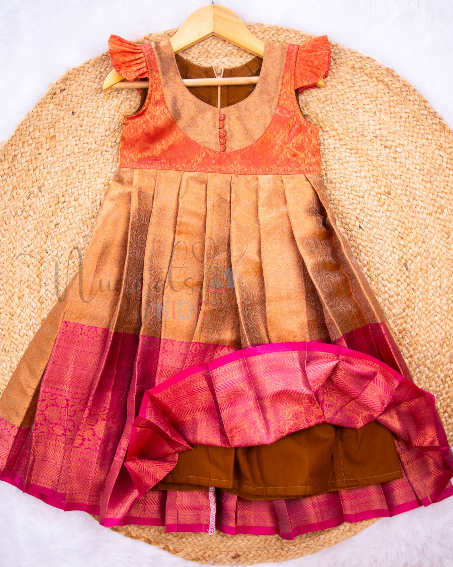 Ready to Ship: Bronze Silk Pattu Frocks With Patch Work Designer Yoke And Cap Sleeves