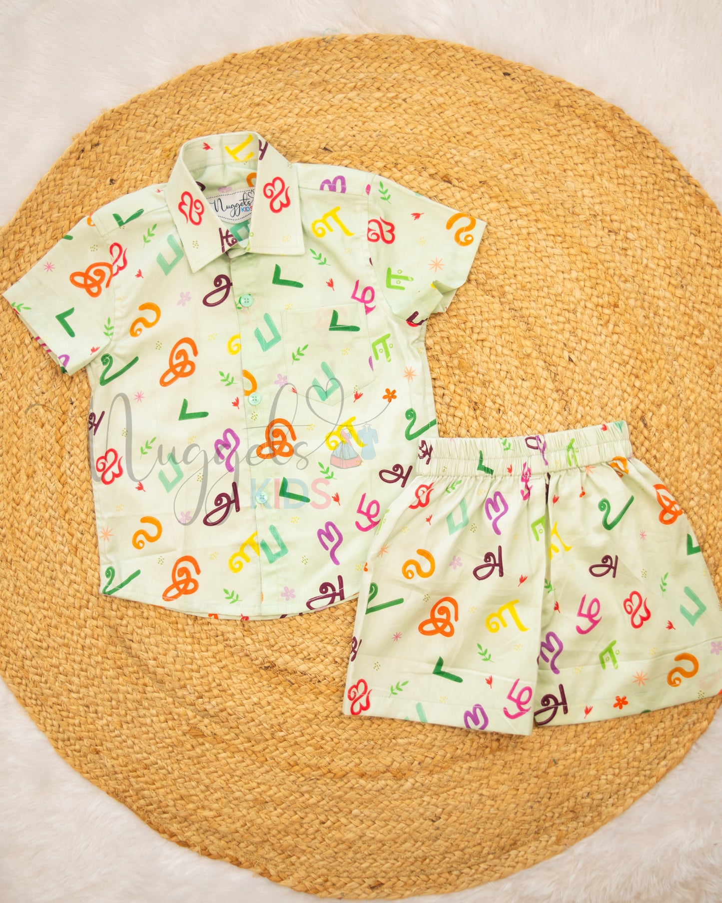 Ready to Ship: Tamil Letters Pista Green Giza Cotton Co-ord Set