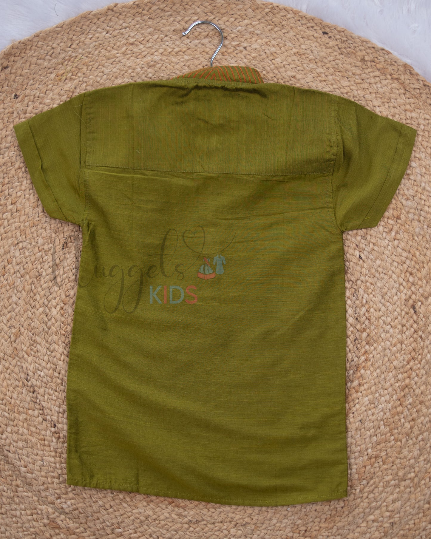 Ready to Ship: Oilve Green Raw Silk Short Kurta with Anchoring Detailing