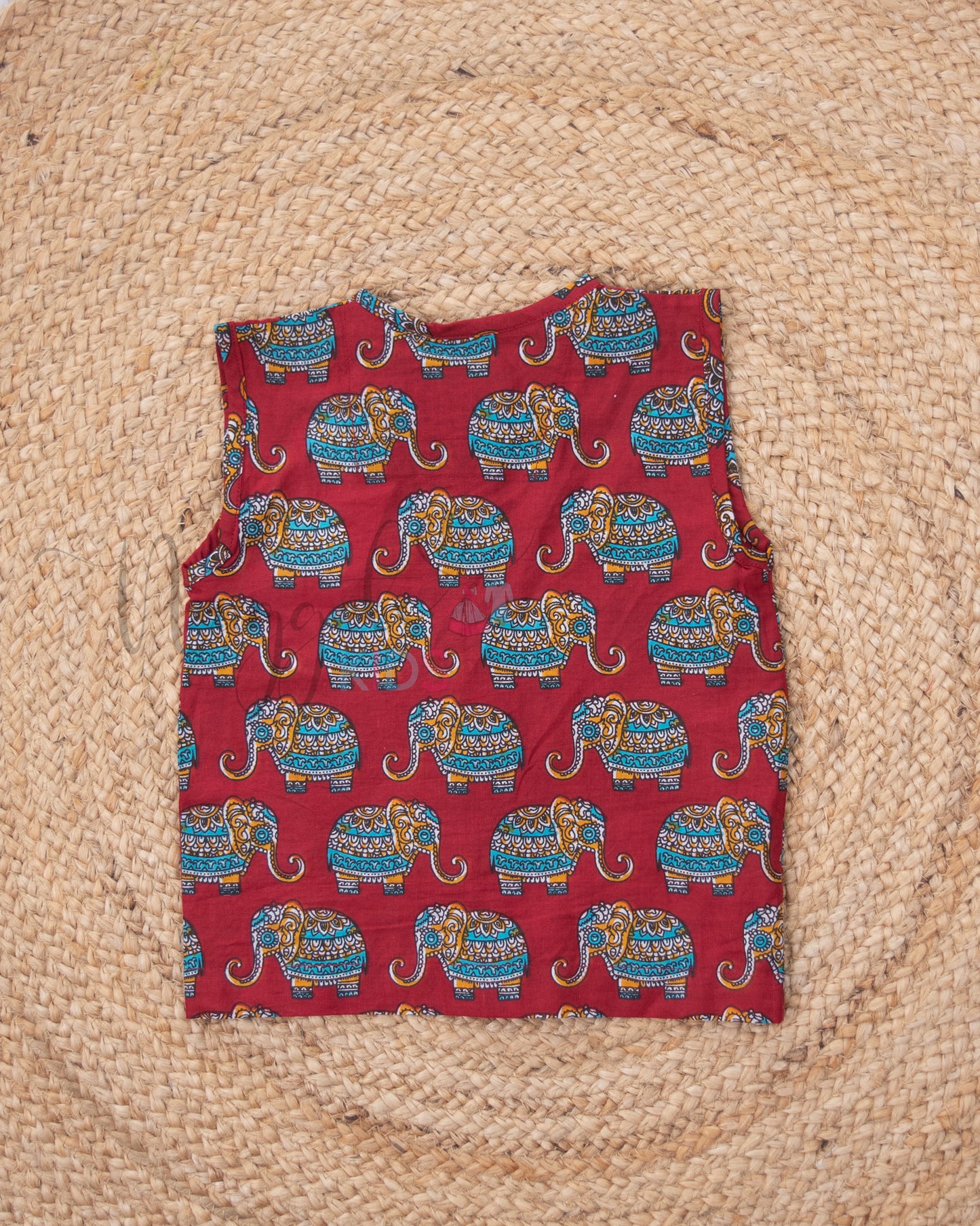 Ready to Ship: Red Elephants Printed Pure Cotton Jhabla with Wooden Button Detailing