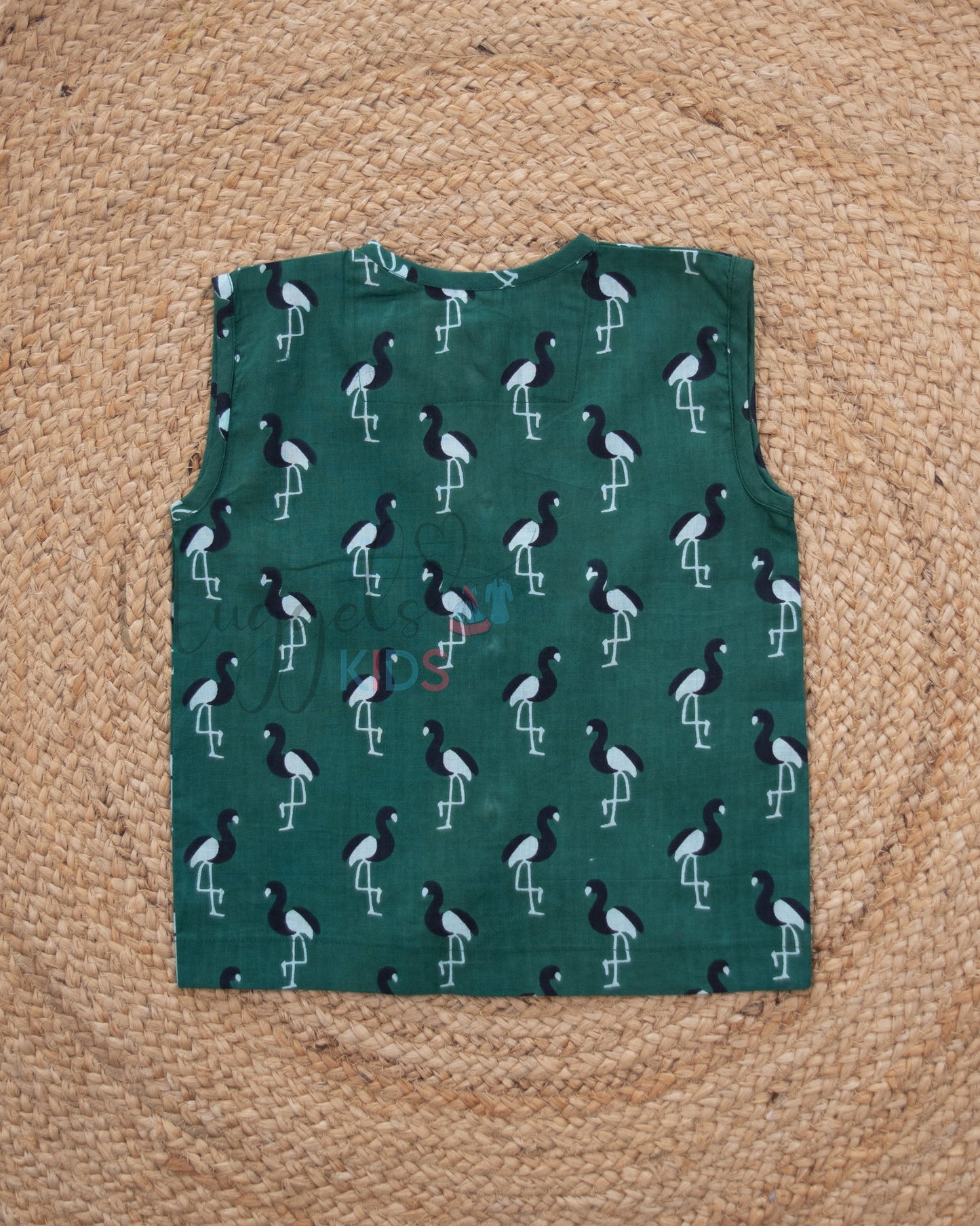 Ready to Ship: Green Swan Printed Pure Cotton Jhabla with Wooden Button Detailing