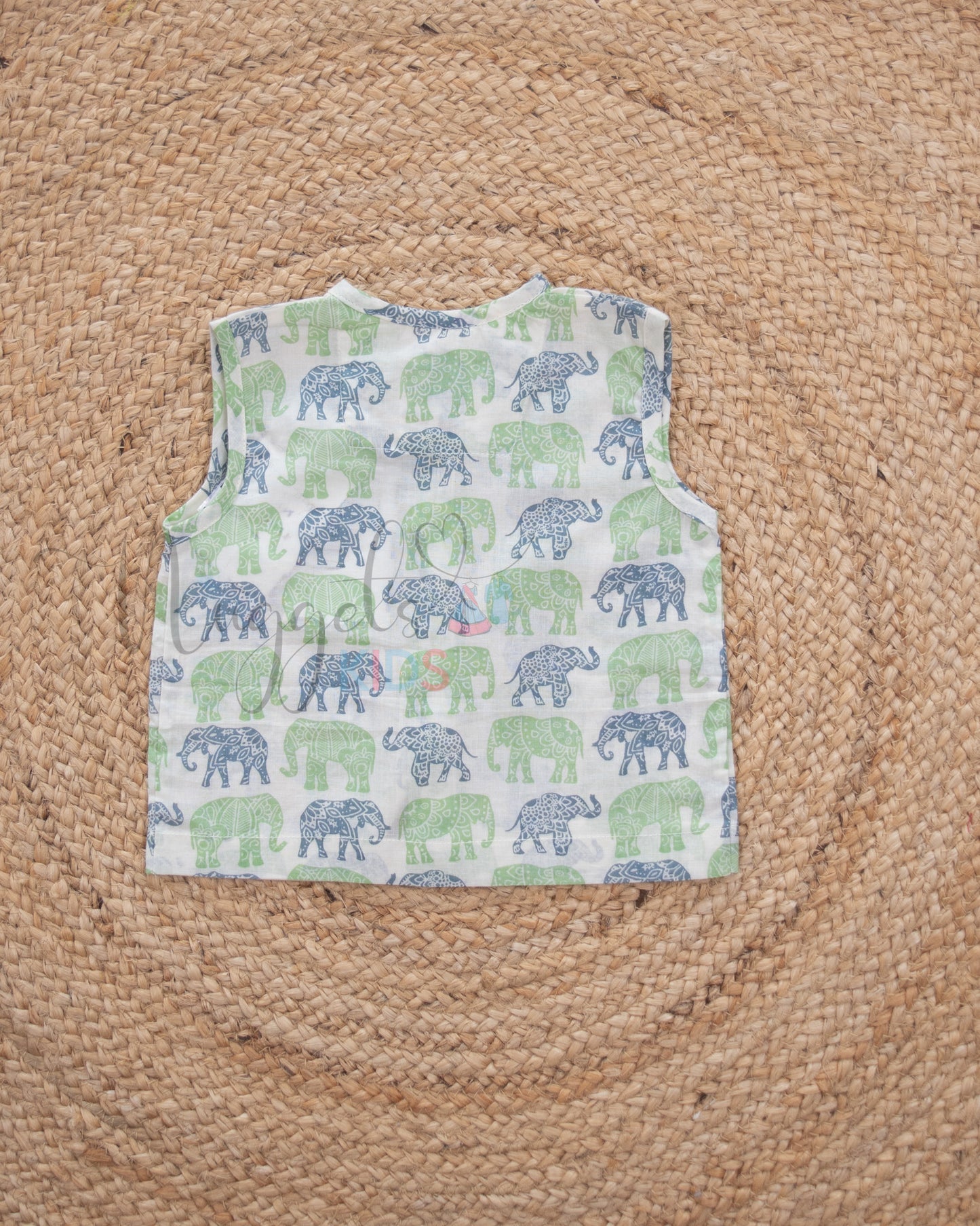 Ready to Ship: White And Gray Elephants Printed Pure Cotton Jhabla with Wooden Button Detailing