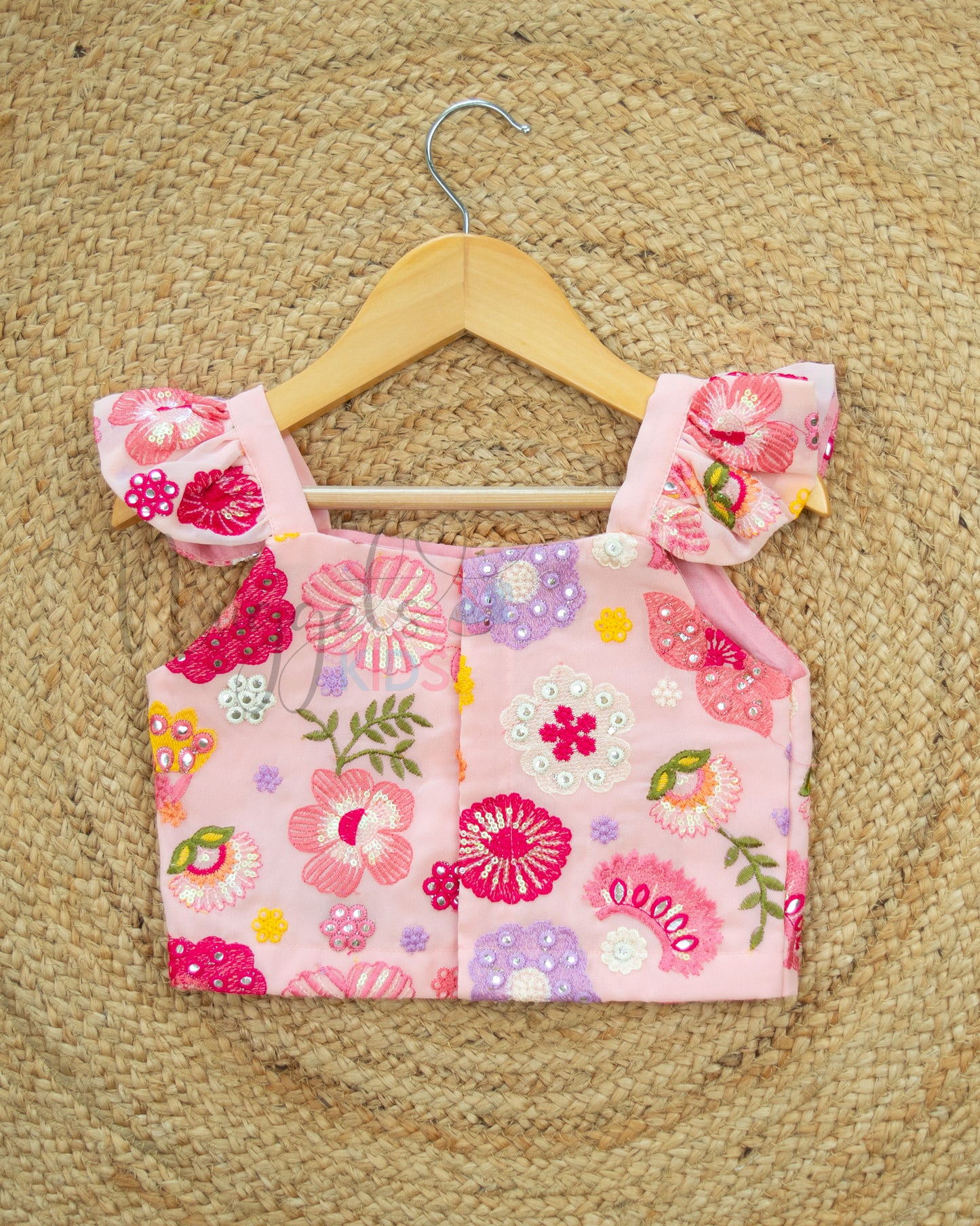 Ready to Ship: Baby Pink Ruffle Sleeve Embroidered Designer Top