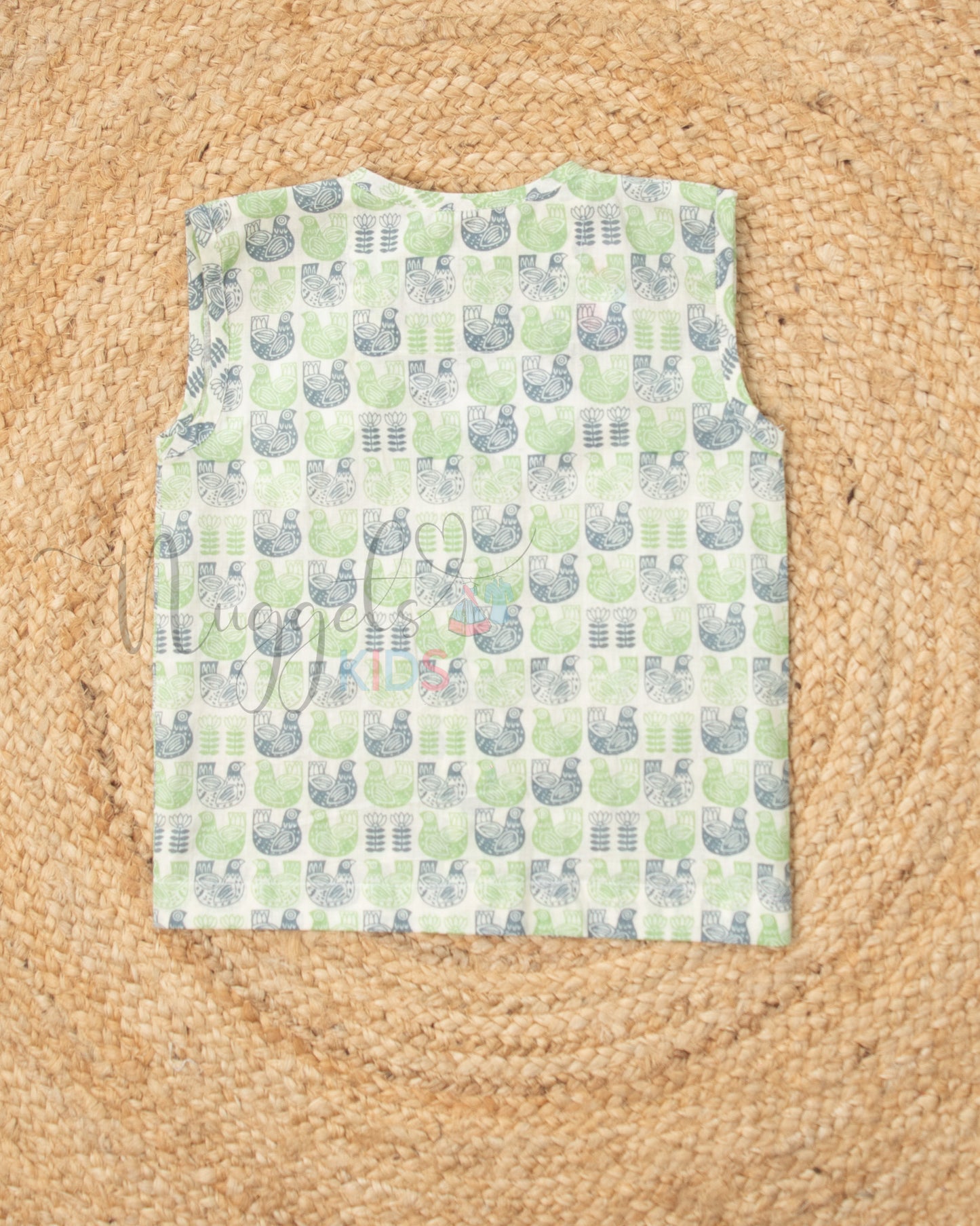 Ready to Ship: Pigeon Green Printed Pure Cotton Jhabla with Wooden Button Detailing