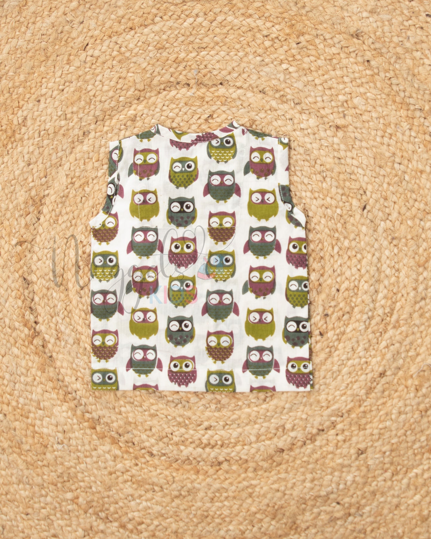 Ready to Ship: Owls on Off-white base Printed Pure Cotton Jhabla with Wooden Button Detailing