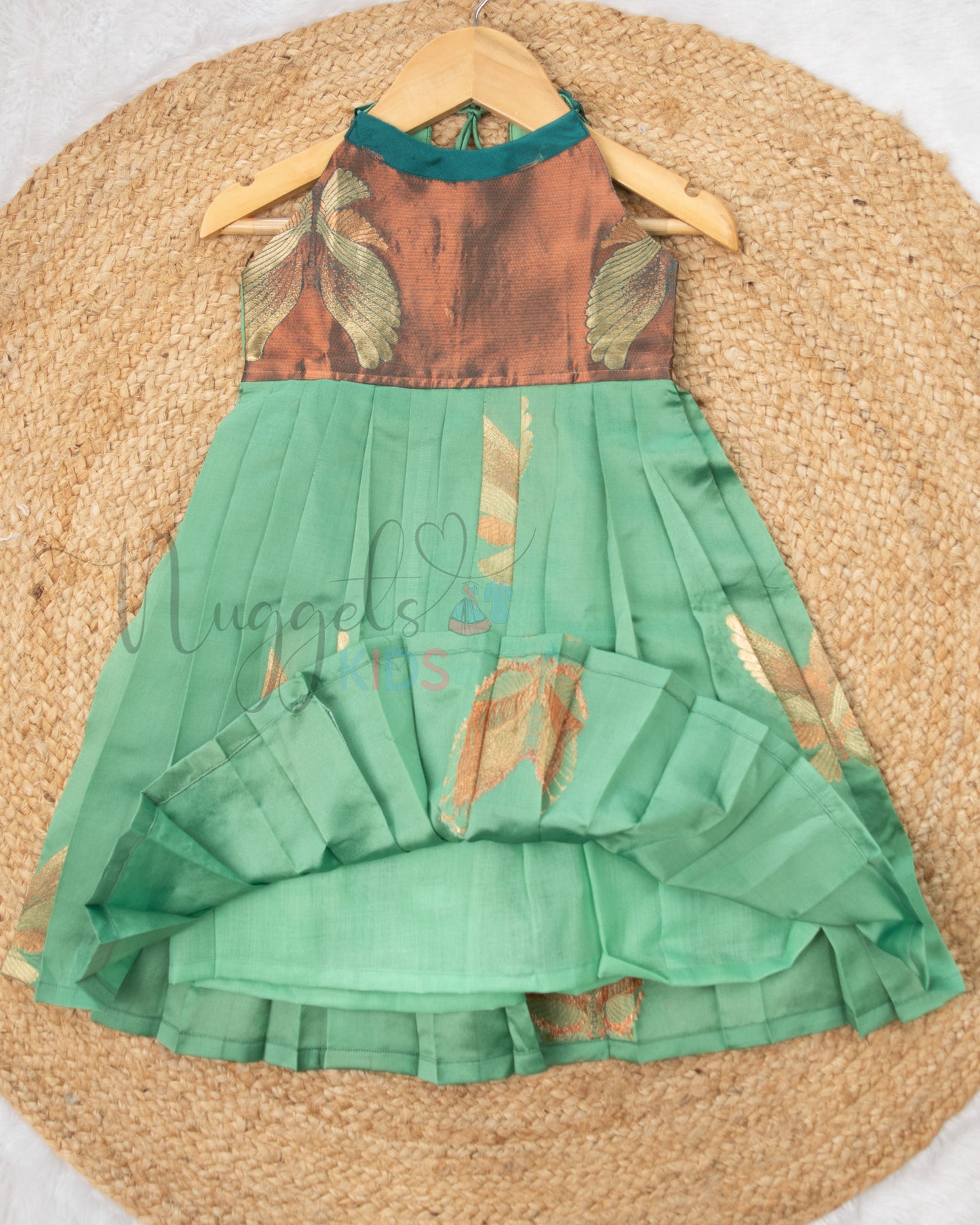 Ready to Ship: Teal Green And Saddle Halter Neck Tie Back frock with Patch work yoke