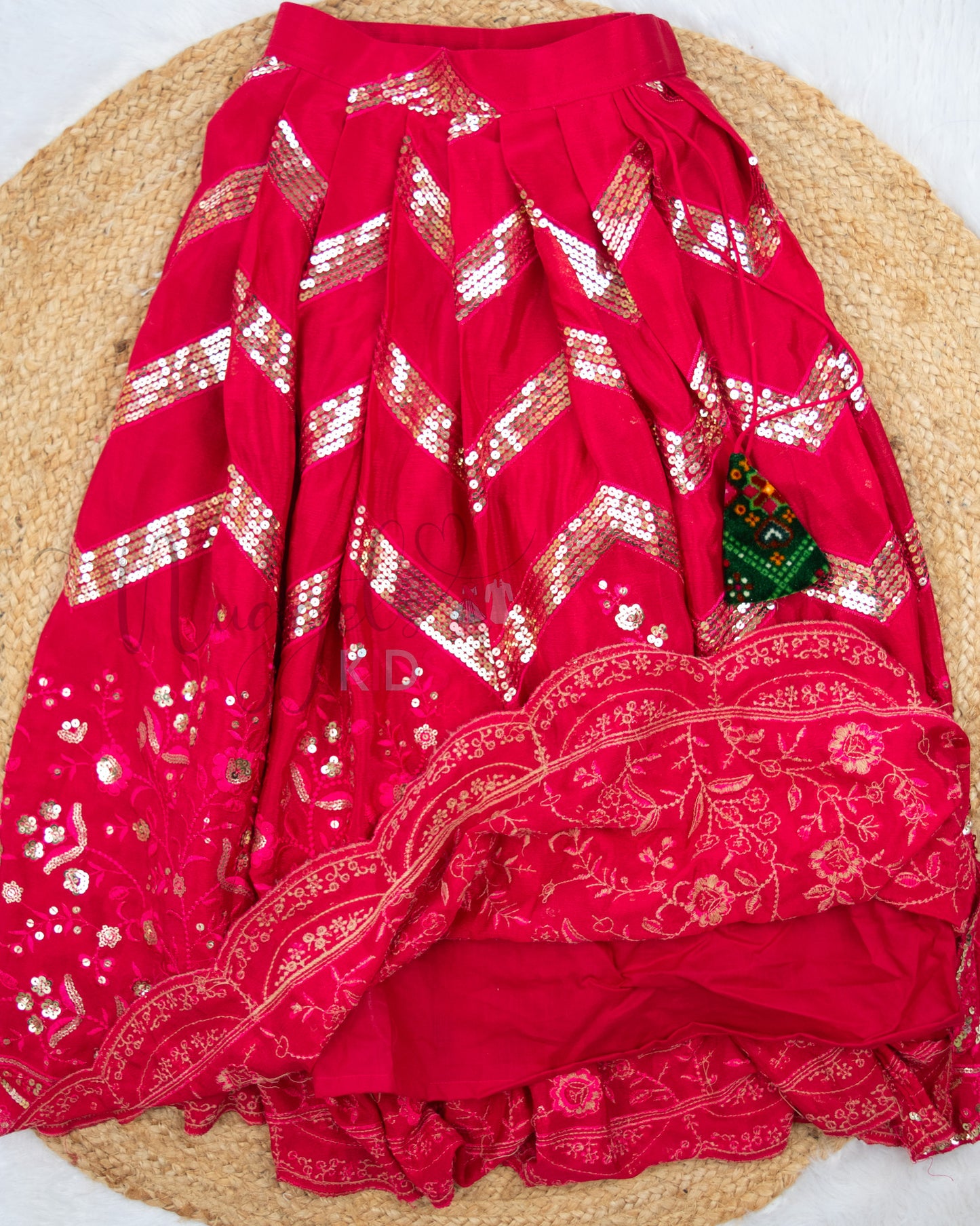 Ready to Ship: Green Velvet and Pink Net Lehenga