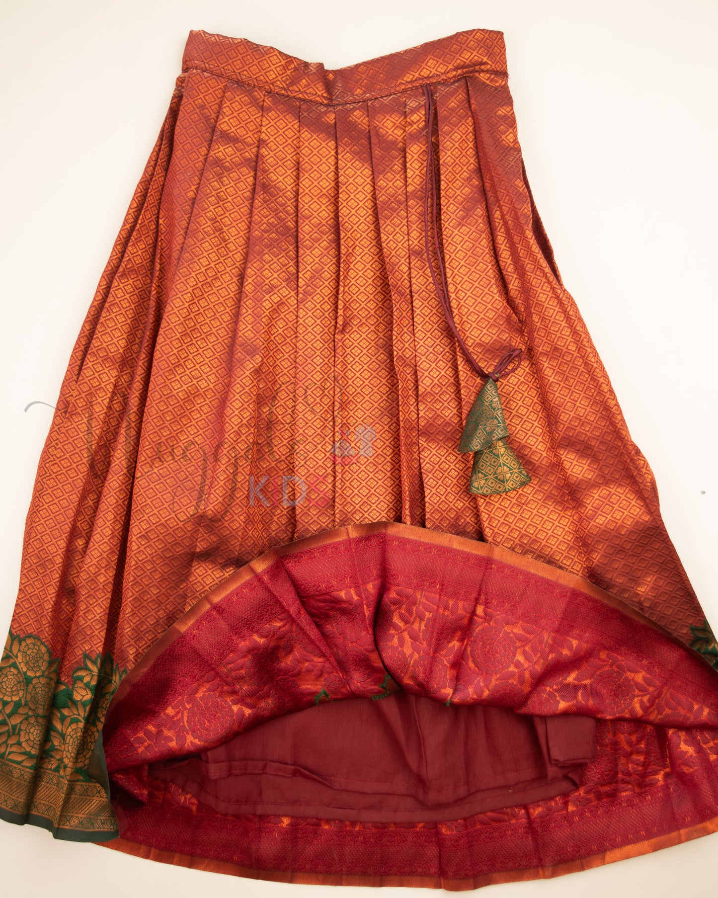 Ready to Ship: Maroon and Green Aari work V neck Blouse Pattu Pavada Set