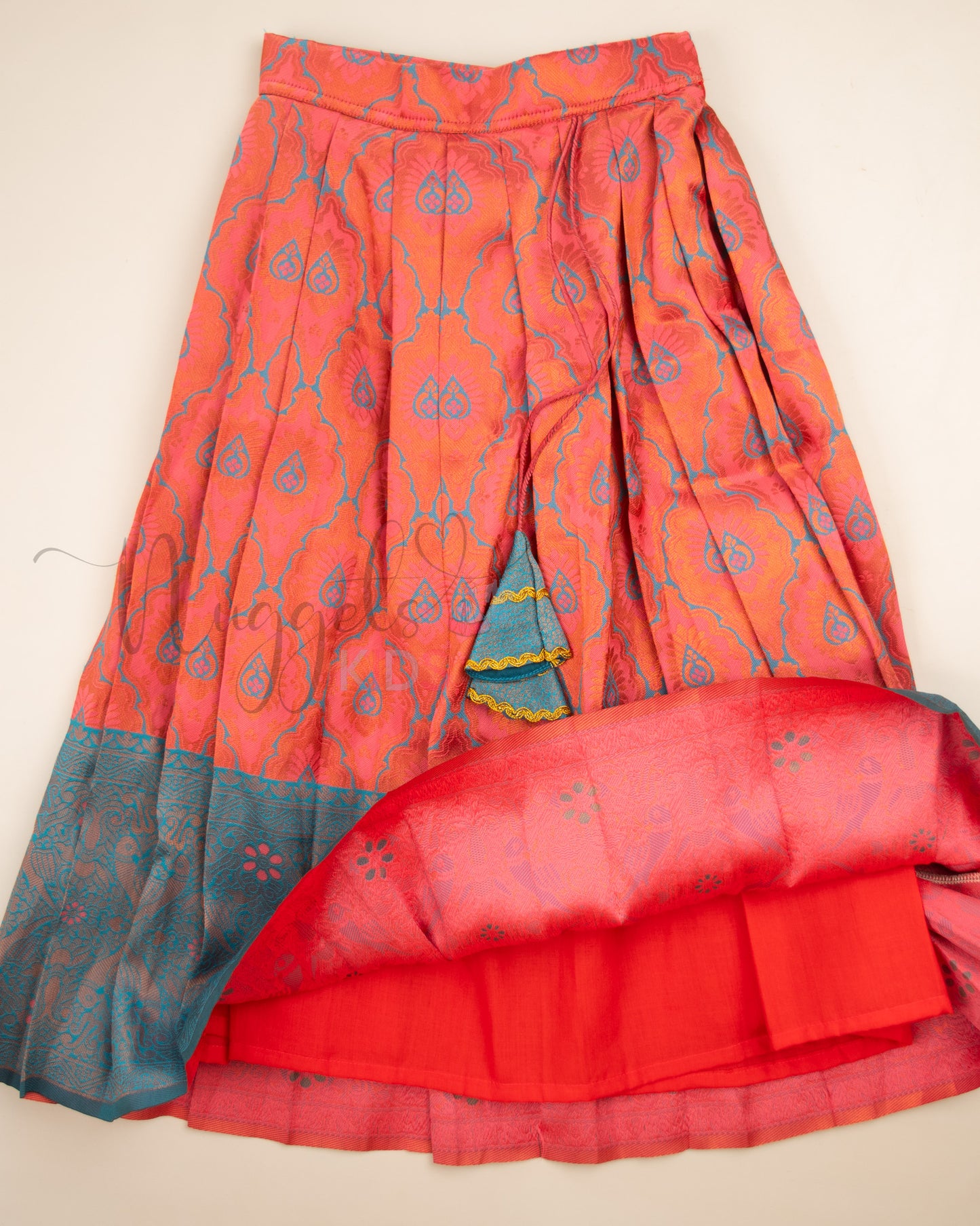 Ready to Ship: Tomato Red and Blue Aari work Blouse Pattu Pavada Set