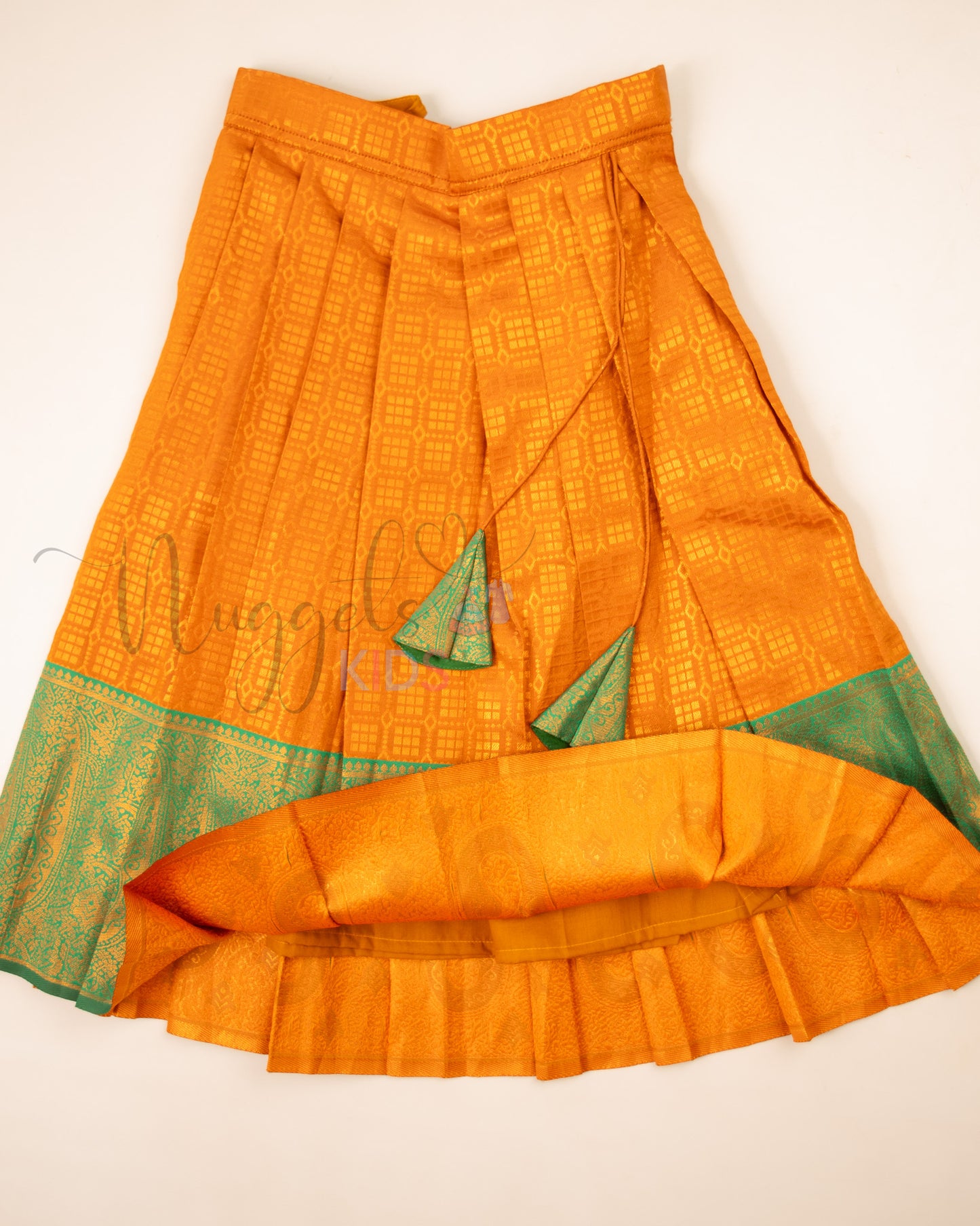 Ready to Ship: Orange and Green Lacework Pattern Blouse Pattu Pavada Set