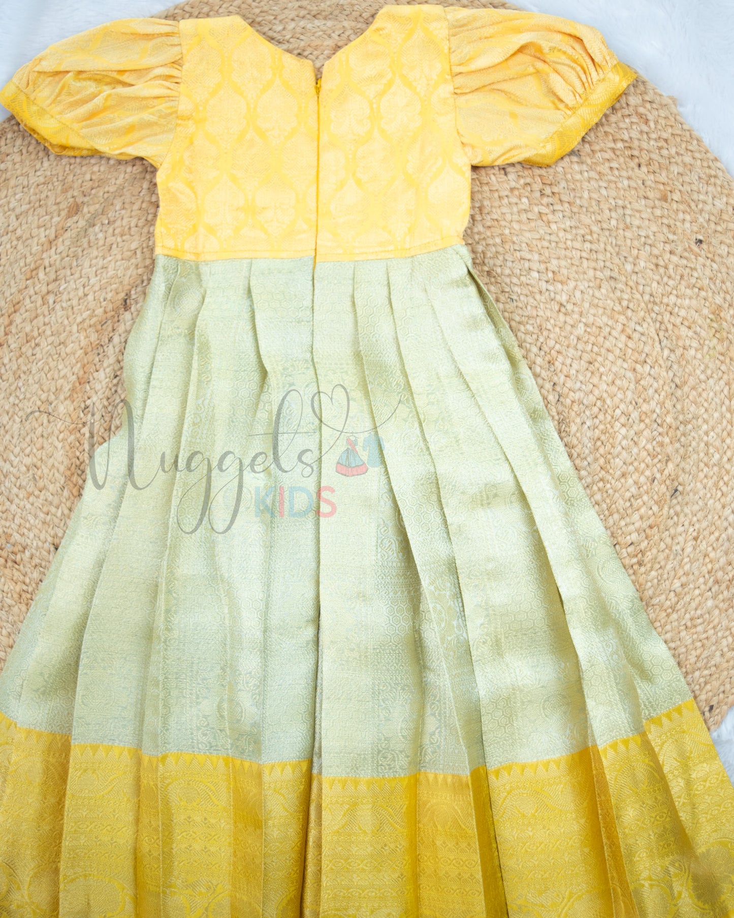 Ready to Ship: Silver Blue And Yellow Tissue Silk Half Saree Set