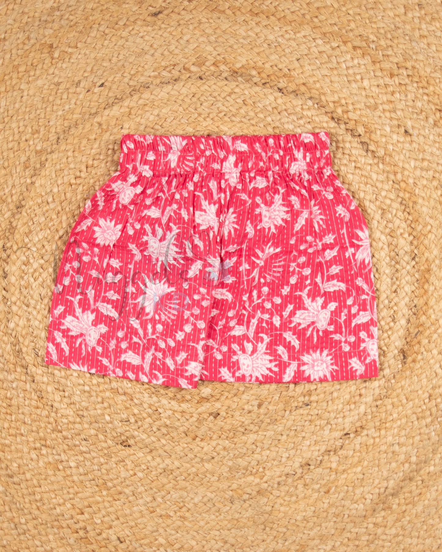 Ready to Ship: Pink and White Cotton Kantha Shorts Set with Puff Sleeves, ruffle flower hem, pot back and Printed Kantha Comfy Fit Shorts