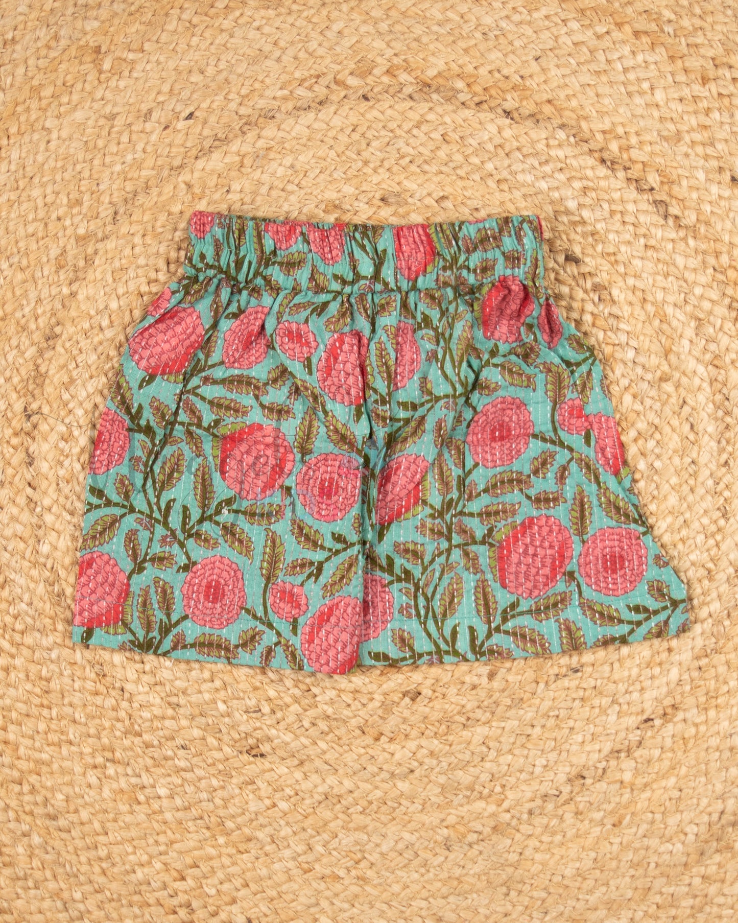 Ready to Ship: Teal and Peach Cotton Kantha Shorts Set with Puff Sleeves, ruffle flower hem, pot back and Printed Kantha Comfy Fit Shorts