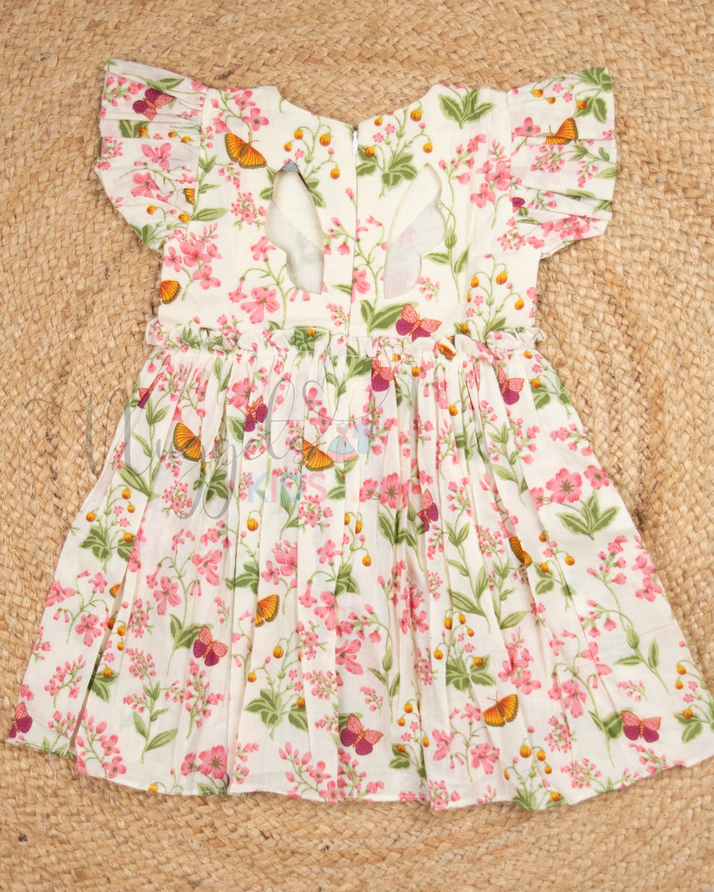 Ready to Ship: OffWhite Butterfly Cotton frock with Flutter Sleeves and Beautiful cutwork butterfly detailing at the back