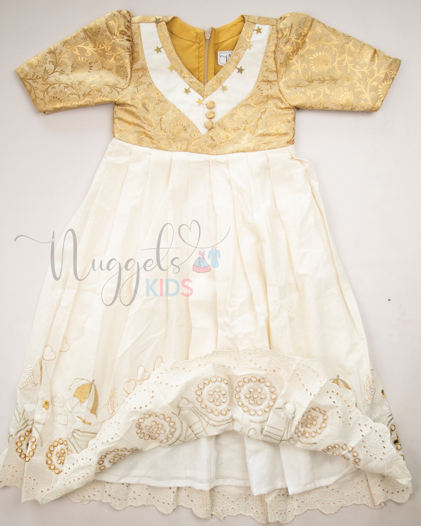 Ready to Ship: Offwhite and Golden Gown with Designer Brocade Yoke and Embroidered Flare