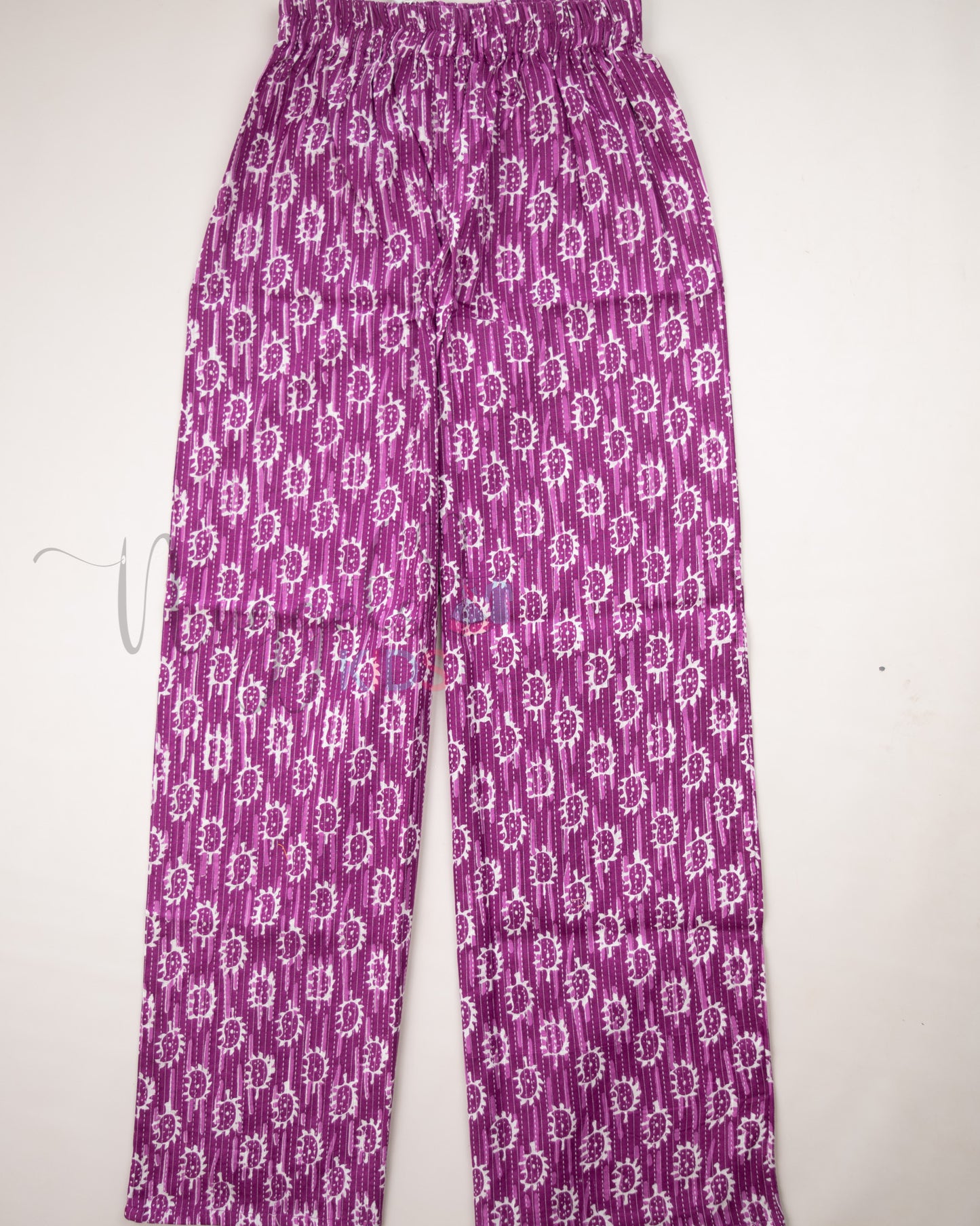 Ready to Ship: Purple and White Kantha Cotton Frilly neck top and Elasticated Palazzo Pant