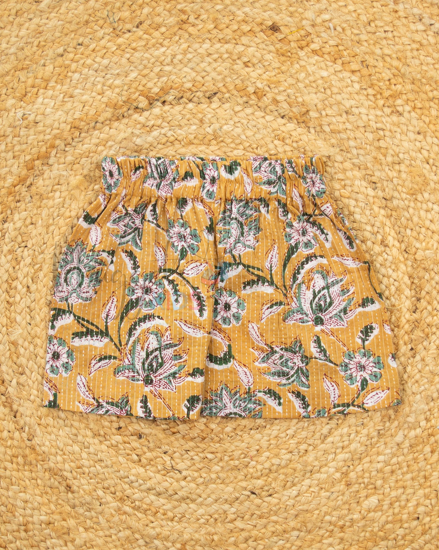 Ready to Ship: Mustard and Green Cotton Kantha Shorts Set with Puff Sleeves, ruffle flower hem, pot back and Printed Kantha Comfy Fit Shorts