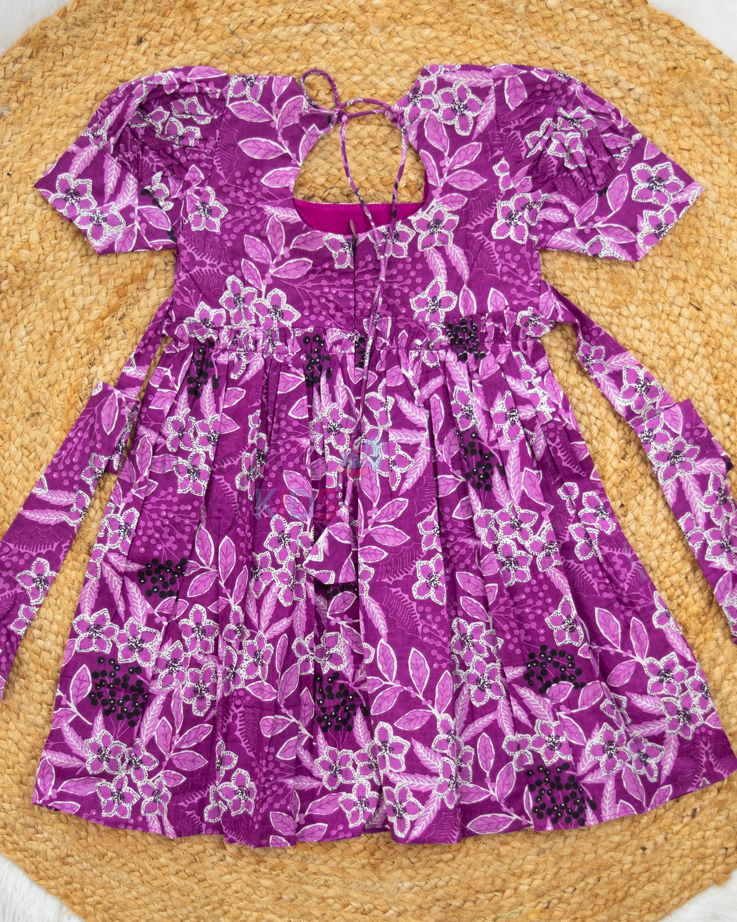 Ready to Ship: Purple Berries Cambric Cotton Frock with Pot neck at the back and puff sleeves