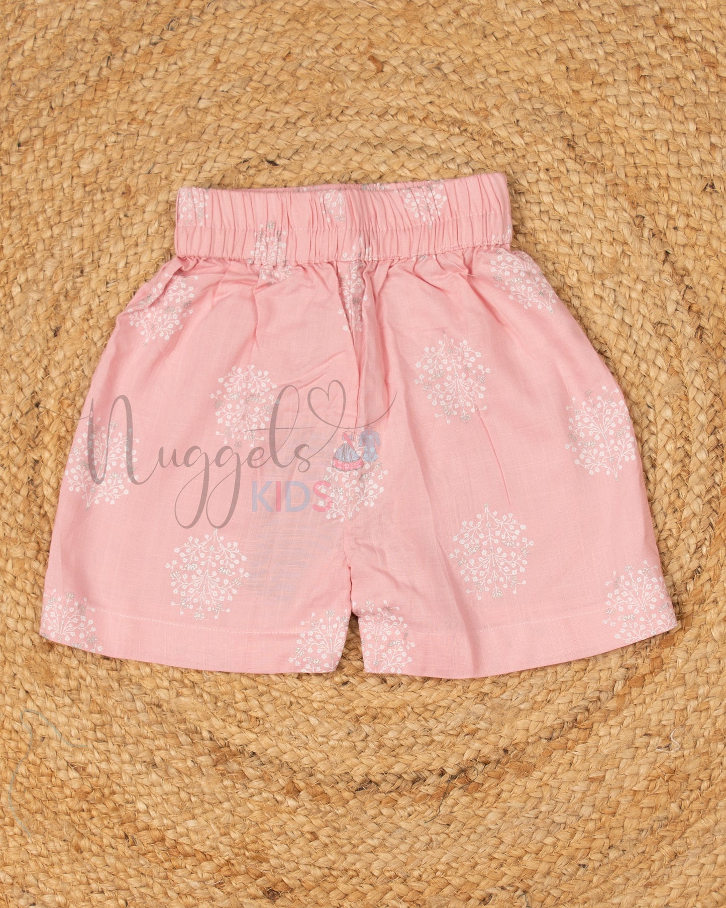 Ready to Ship: Baby Pink Self Cotton Ruffle Sleeves with Designer Yoke Crop Top and Coordinated Shorts