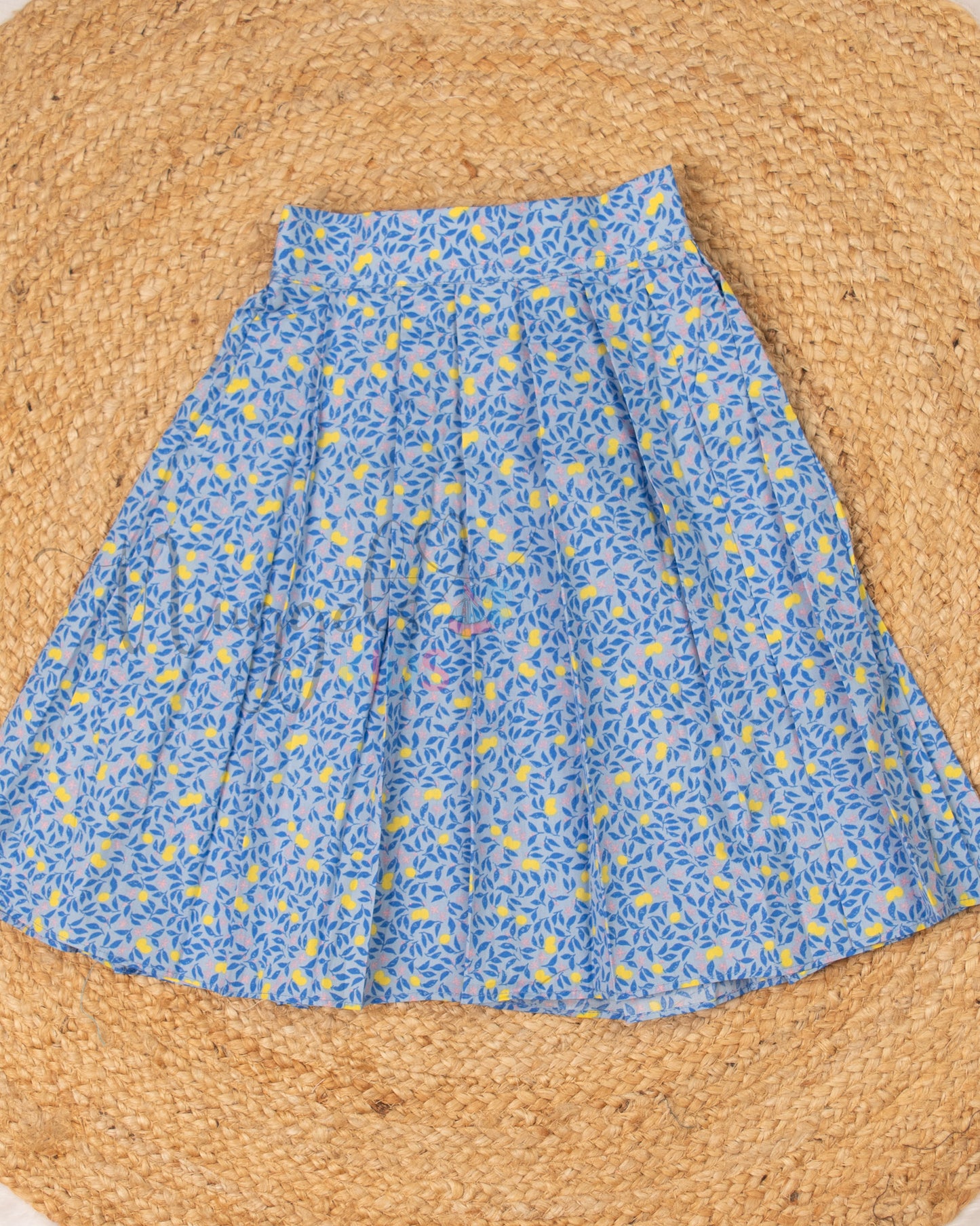 Ready to Ship: Blue And Yellow V Neck Cotton Top And Pleated Puff Sleeves and a Short Pleated Skirt