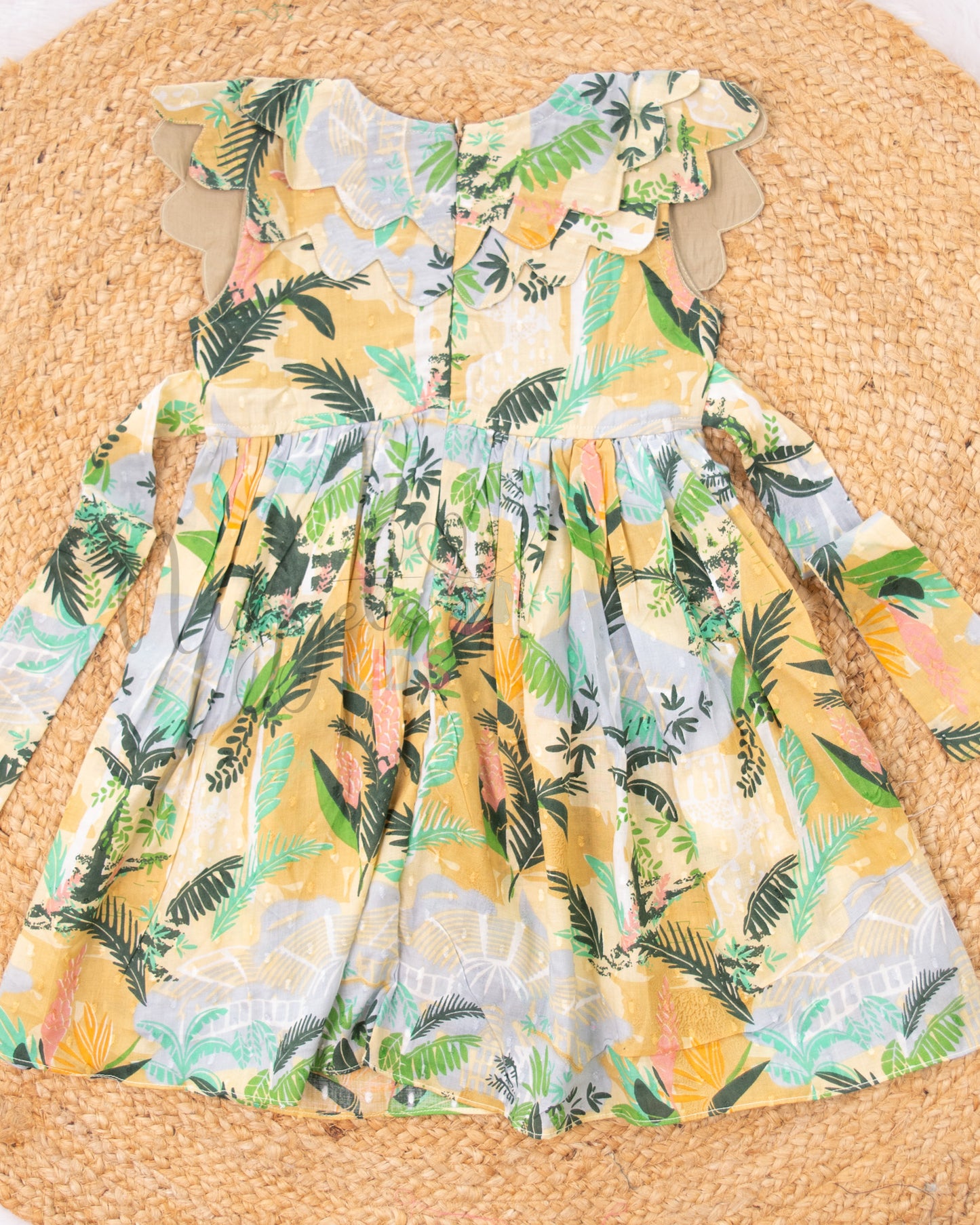 Ready to Ship: Tropical Printed Frock in Cotton Dobby with double scalloped cape