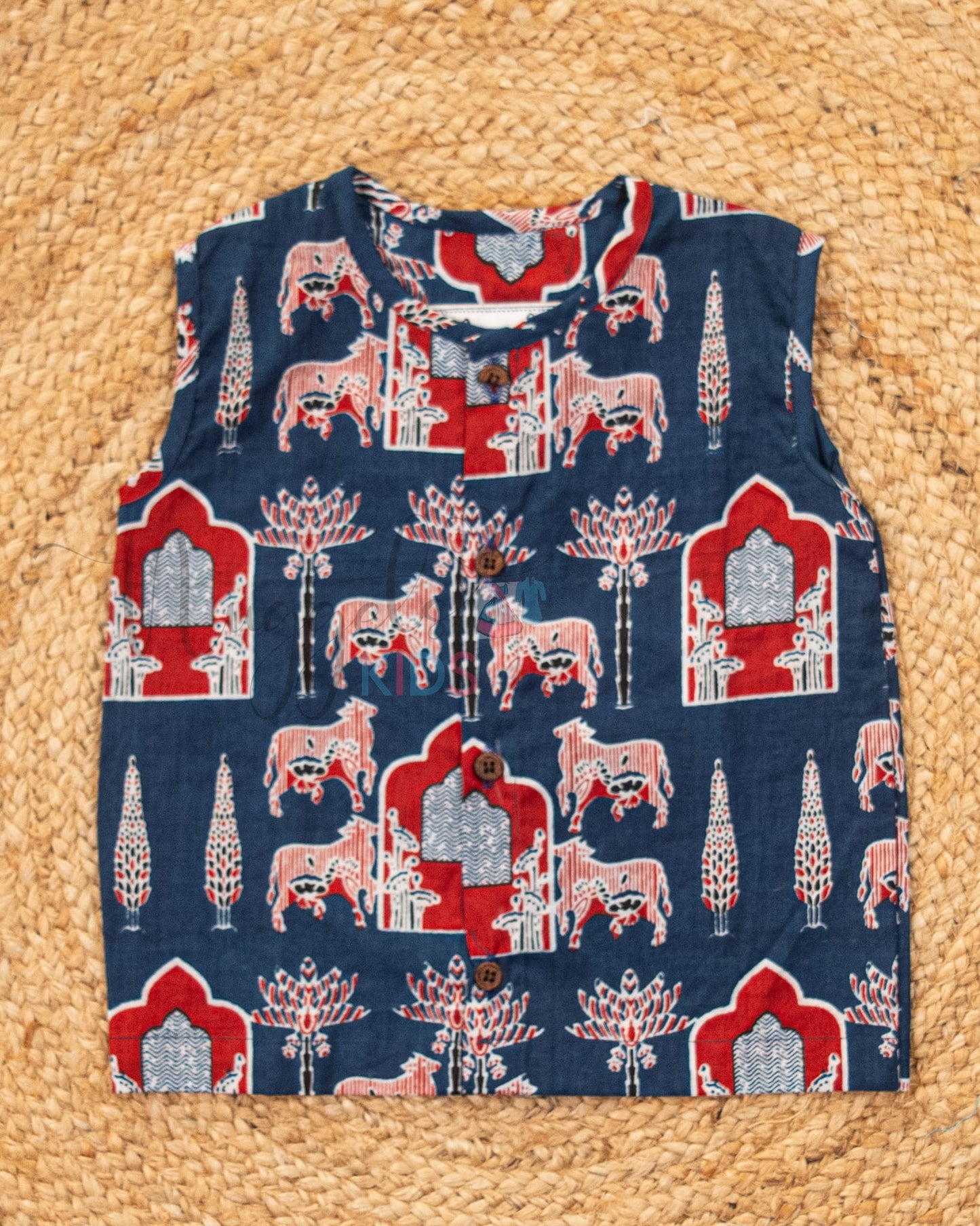 Ready to Ship: Blue Pichwai Printed Pure Cotton Jhabla with Wooden Button Detailing