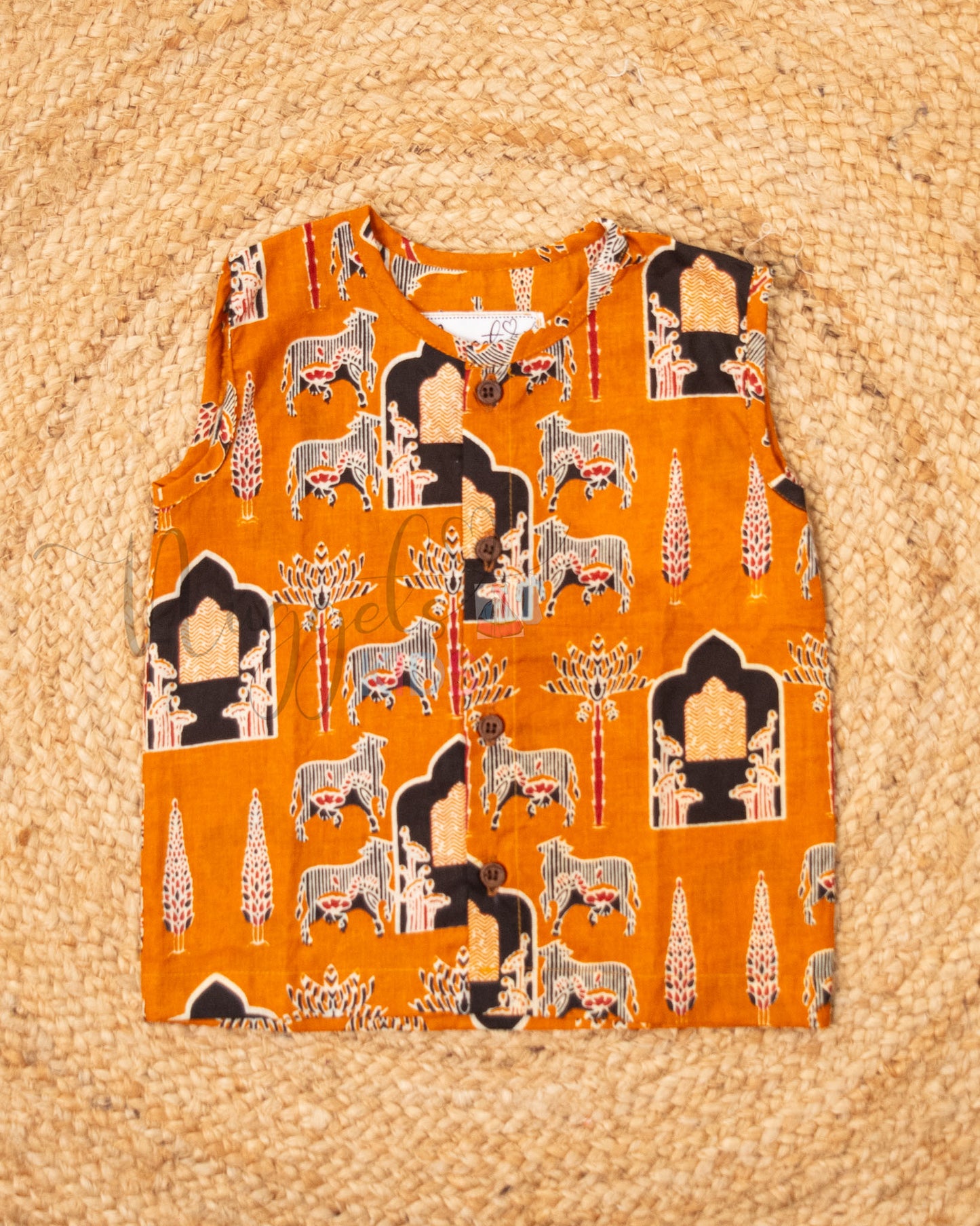 Ready to Ship: Mustard Yellow Pichwai Printed Pure Cotton Jhabla with Wooden Button Detailing
